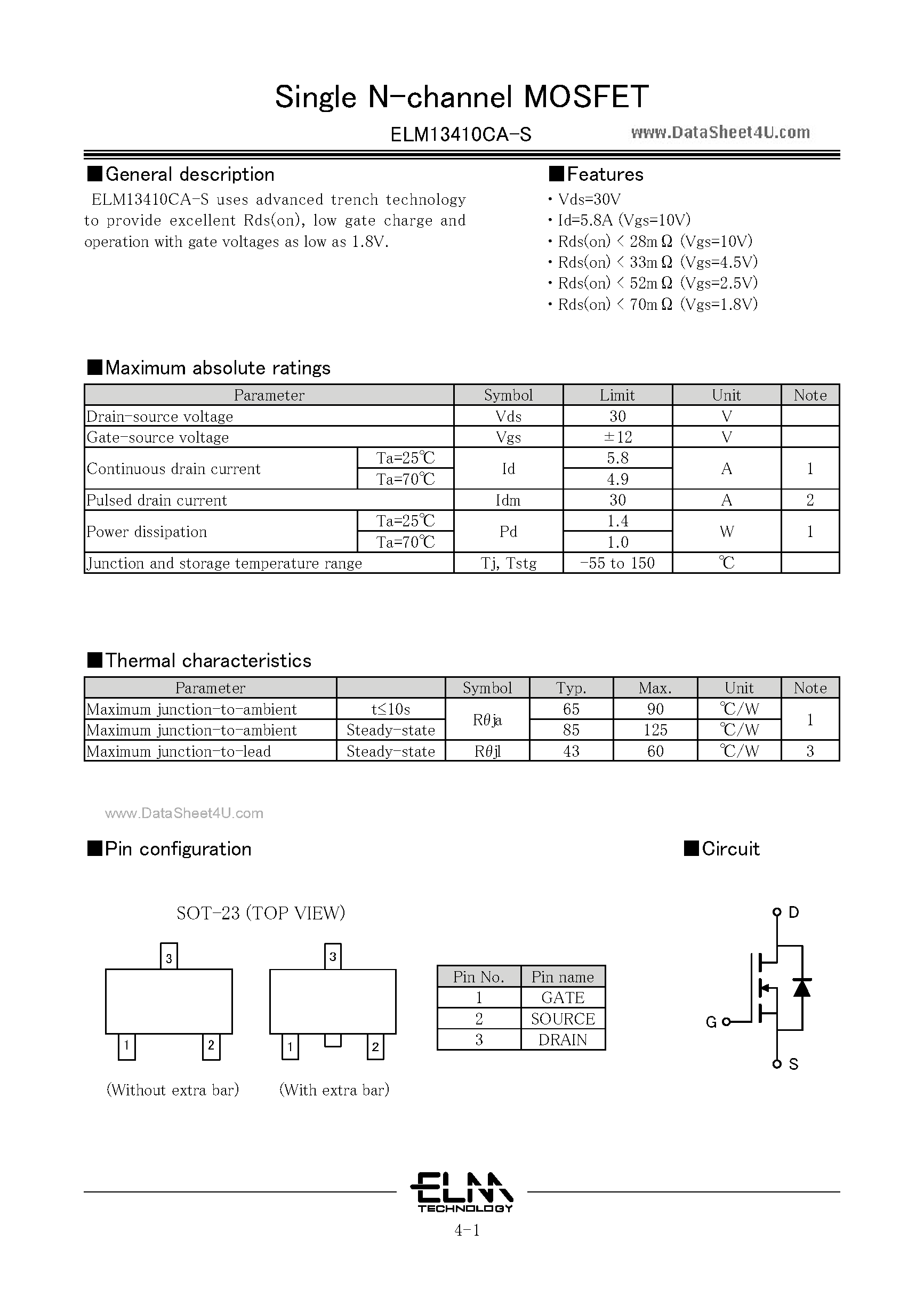 Datasheet ELM13410CA-S - Single MOSFET page 1