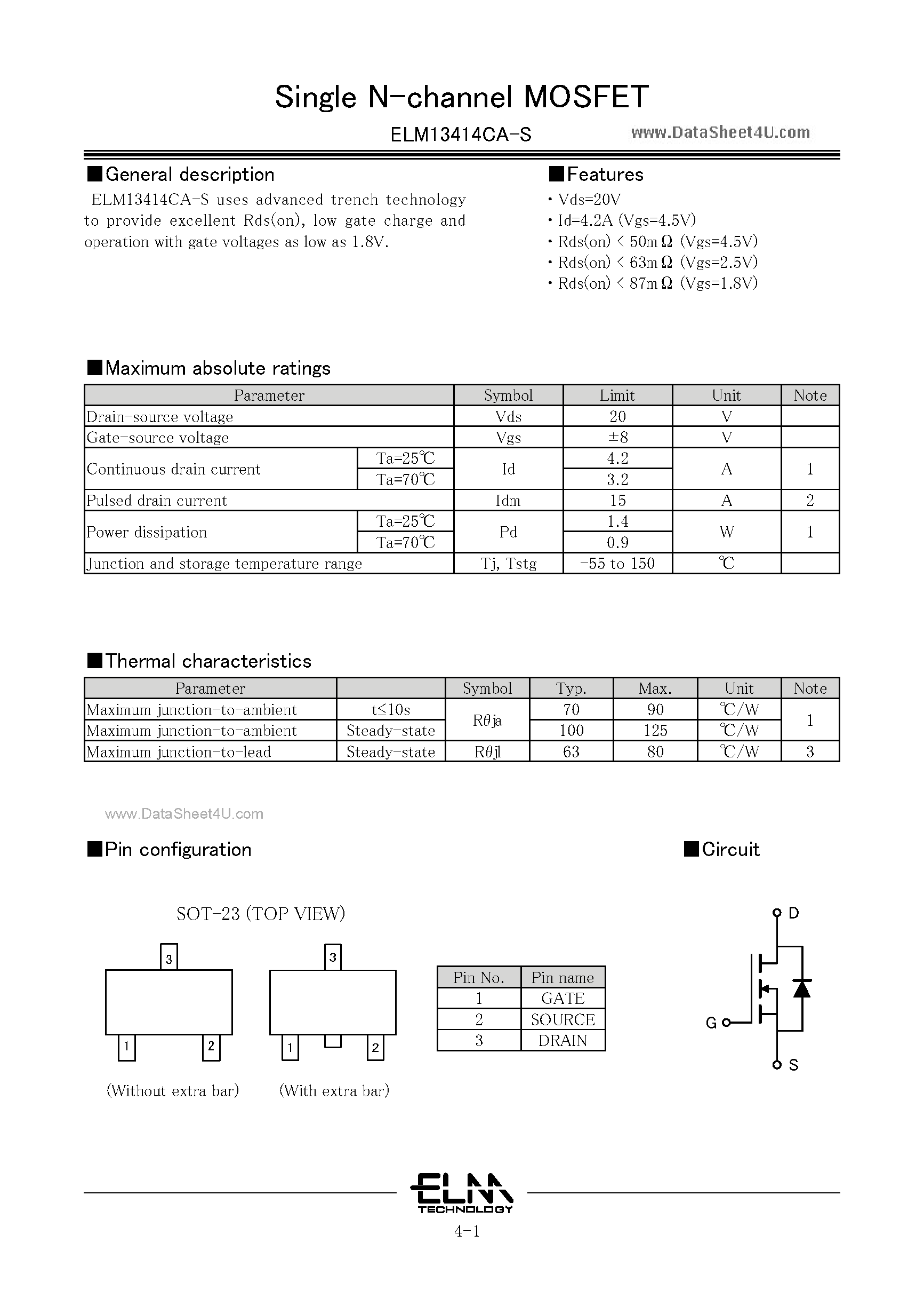 Datasheet ELM13414CA-S - Single MOSFET page 1
