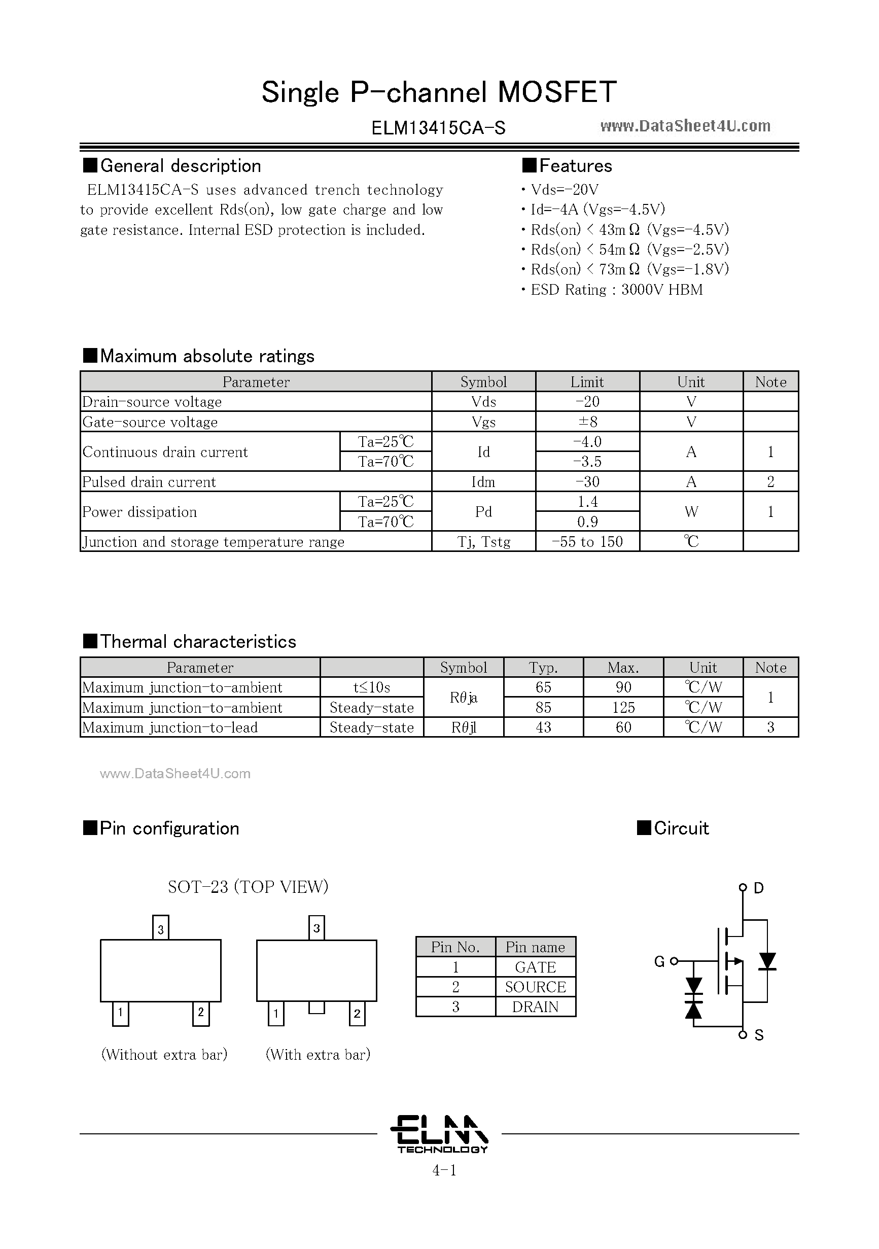Datasheet ELM13415CA-S - Single MOSFET page 1