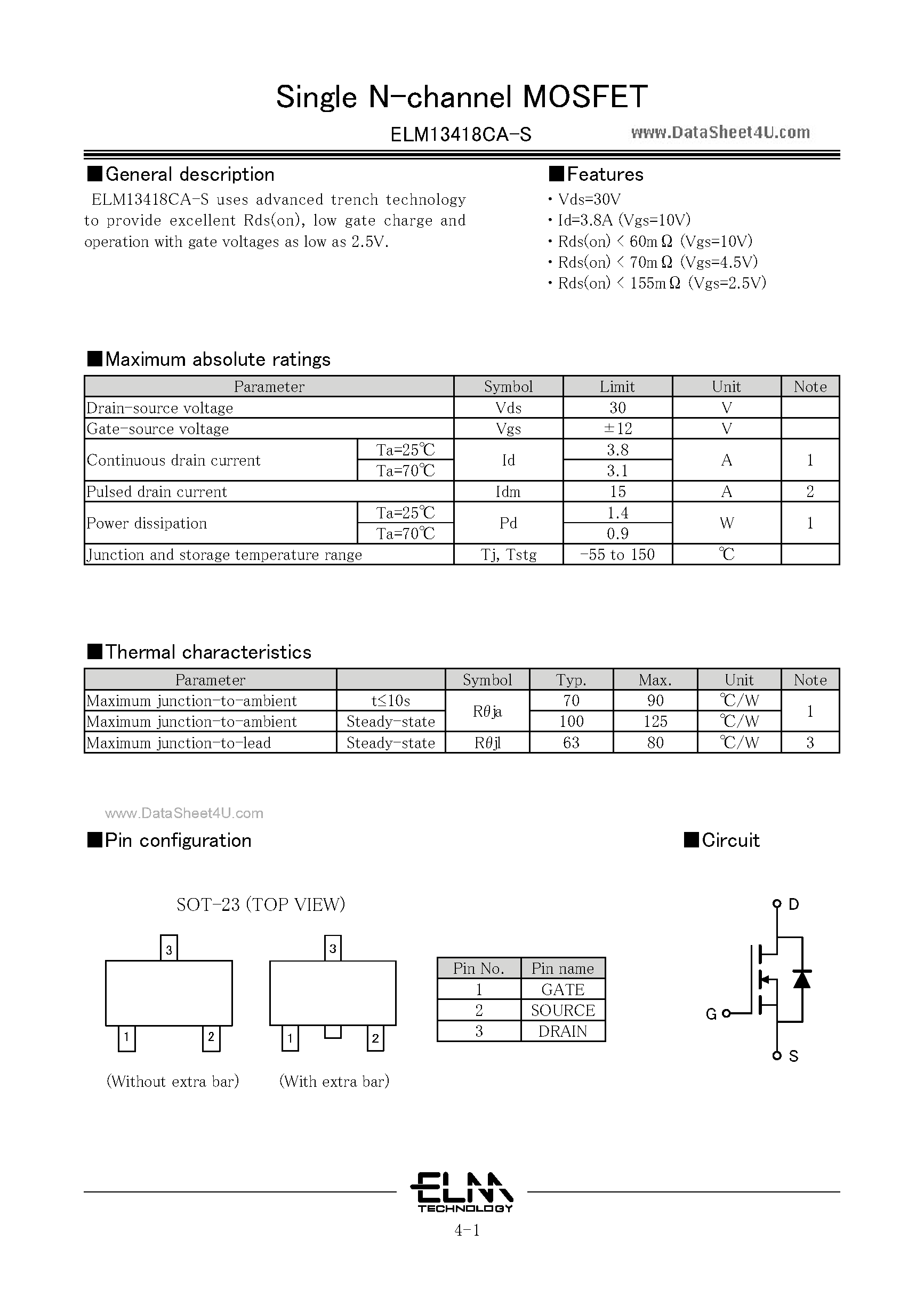 Datasheet ELM13418CA-S - Single MOSFET page 1