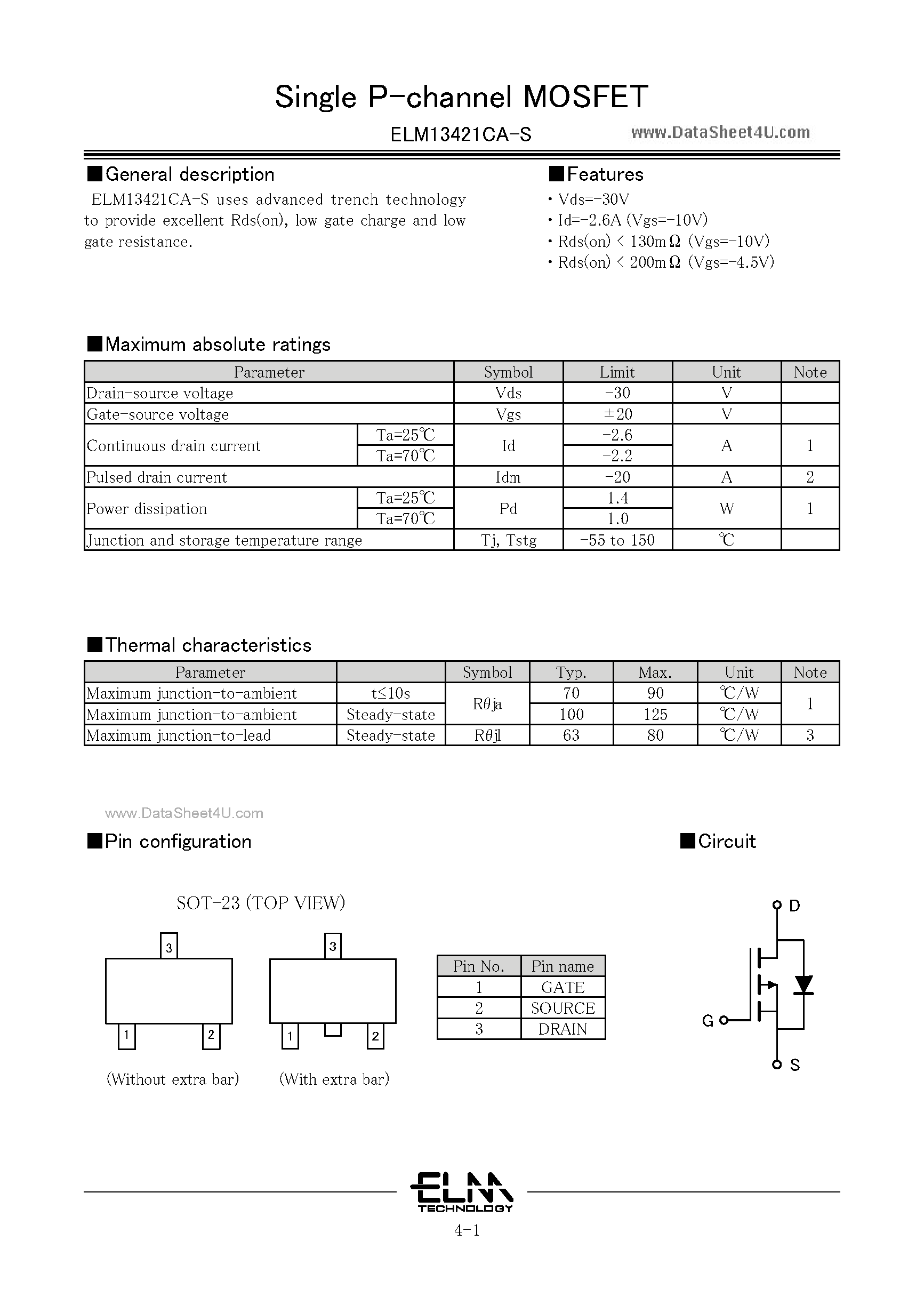 Datasheet ELM13421CA-S - Single MOSFET page 1