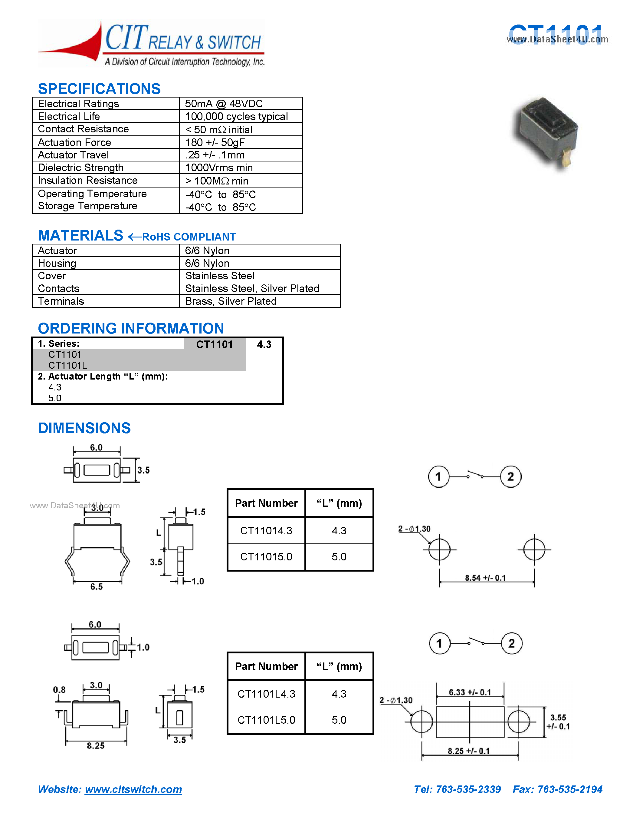 Даташит на микросхему CT1101 страница 1 Даташит CT1101 - CIT SWITCH DIMENSIONS страница 1