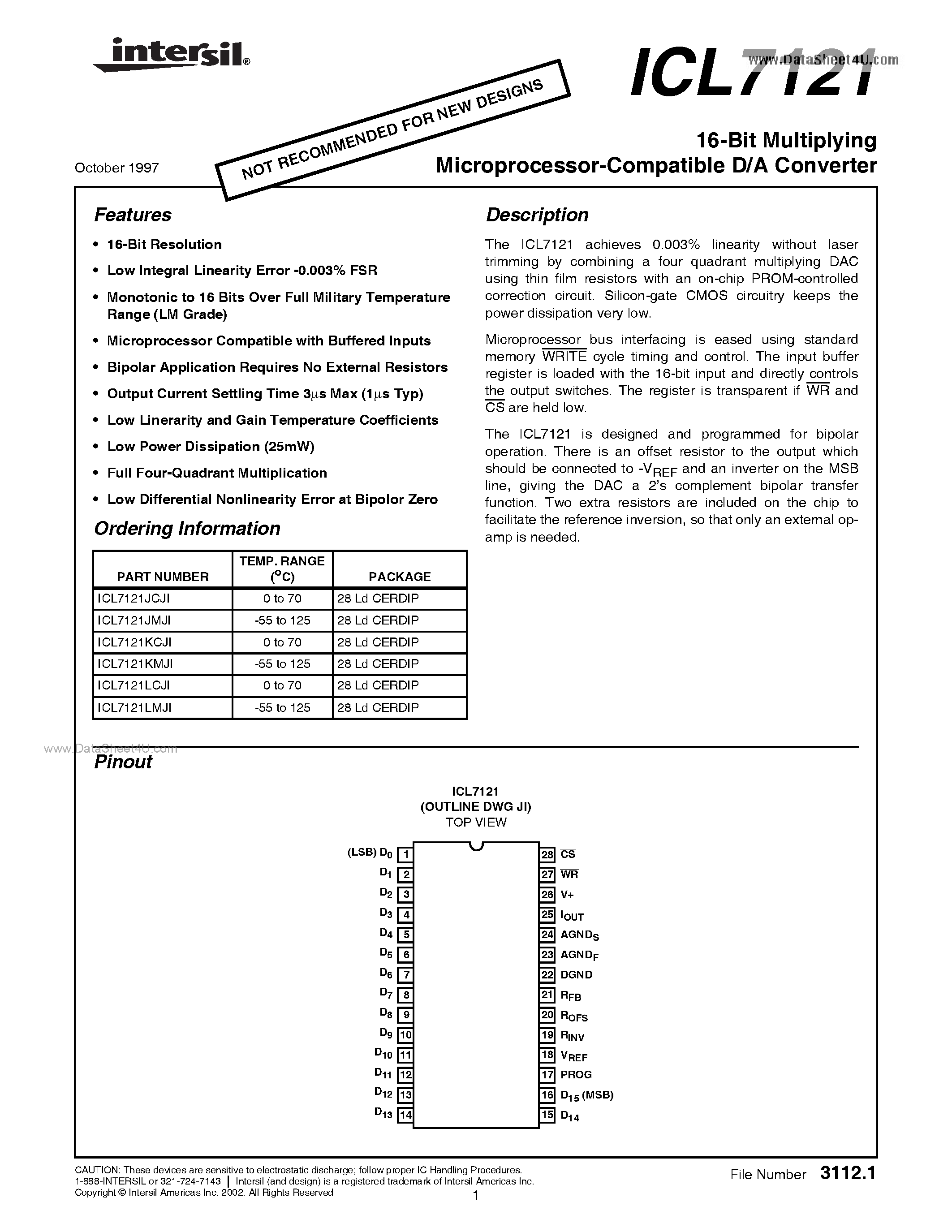 Даташит ICL7121 - 16-Bit Multiplying Microprocessor-Compatible D/A Converter страница 1