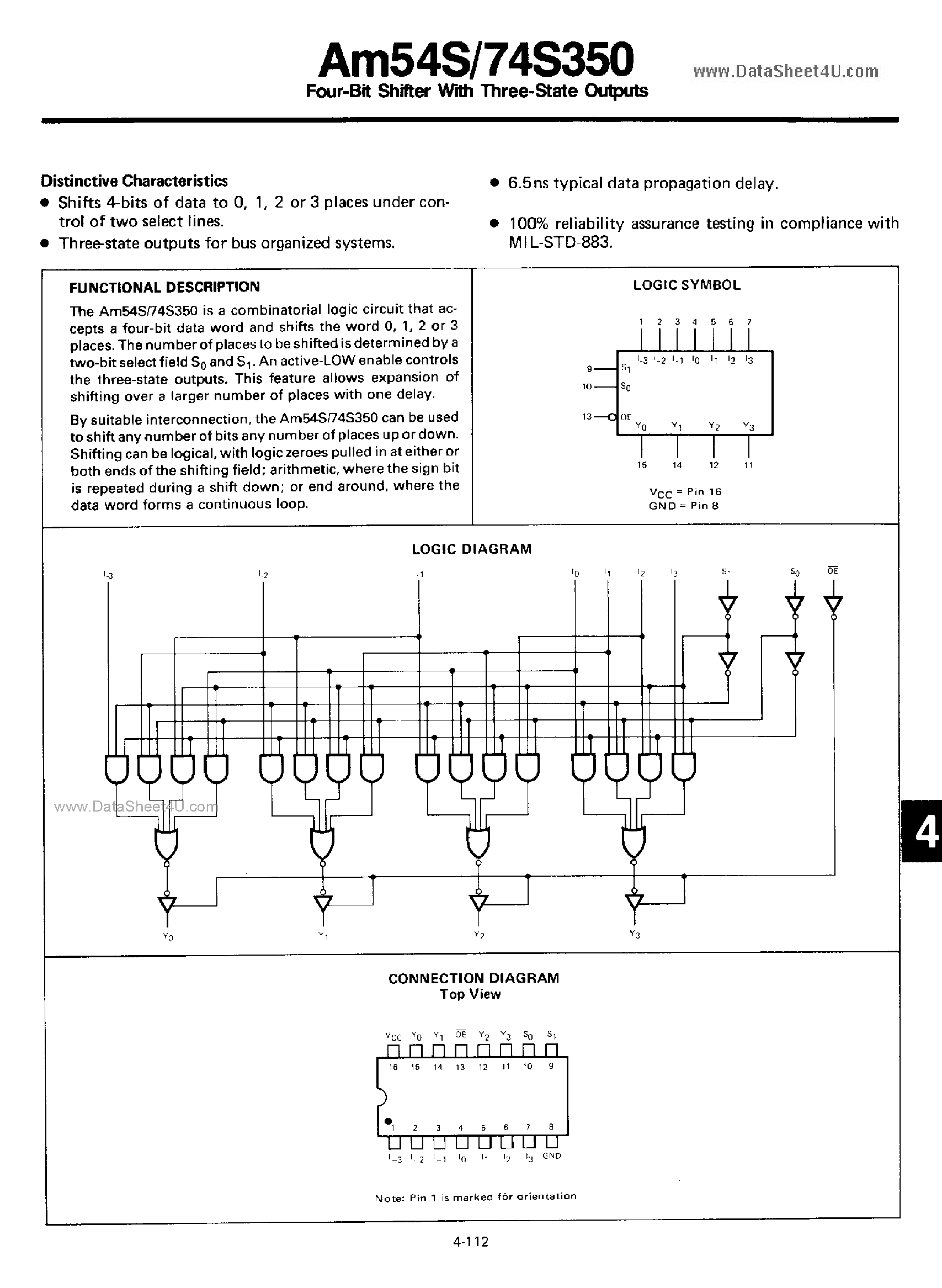 Datasheet AM74S350 page 1 Datasheet AM74S350 - Four-Bit Shifter page 1