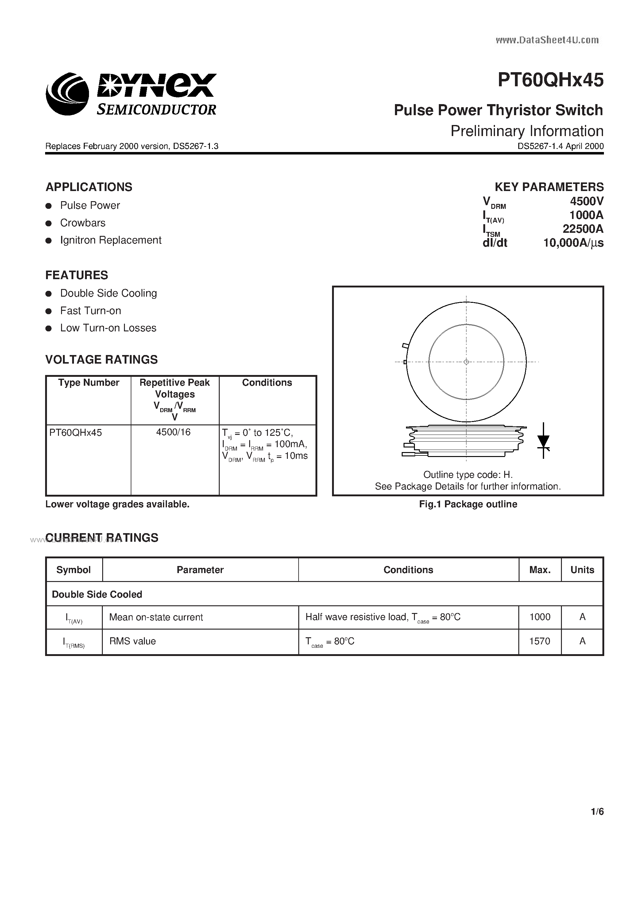 Datasheet PT60QHX45 - Pulse Power Thyristor Switch page 1