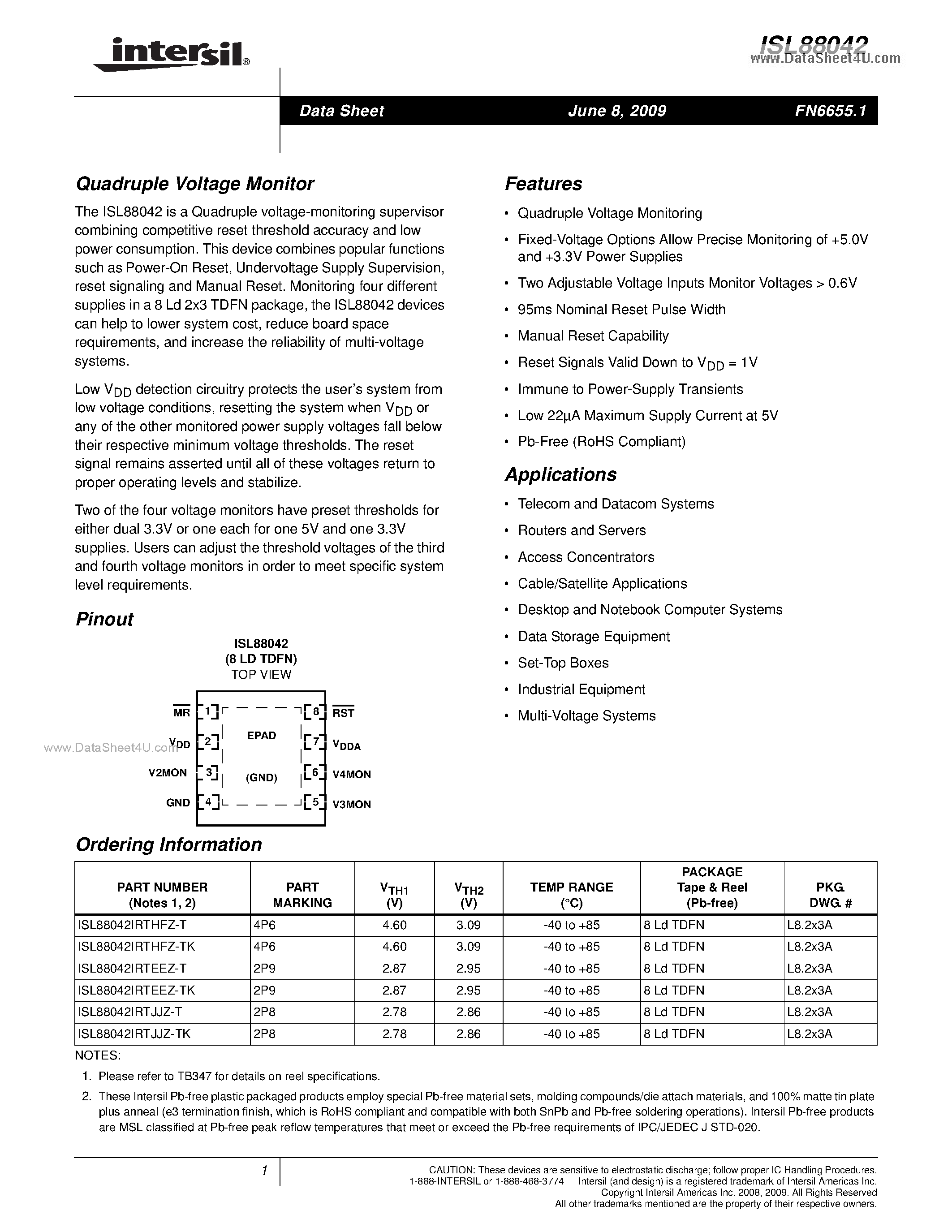 Datasheet ISL88042 page 1 Datasheet ISL88042 - Quadruple Voltage Monitor page 1