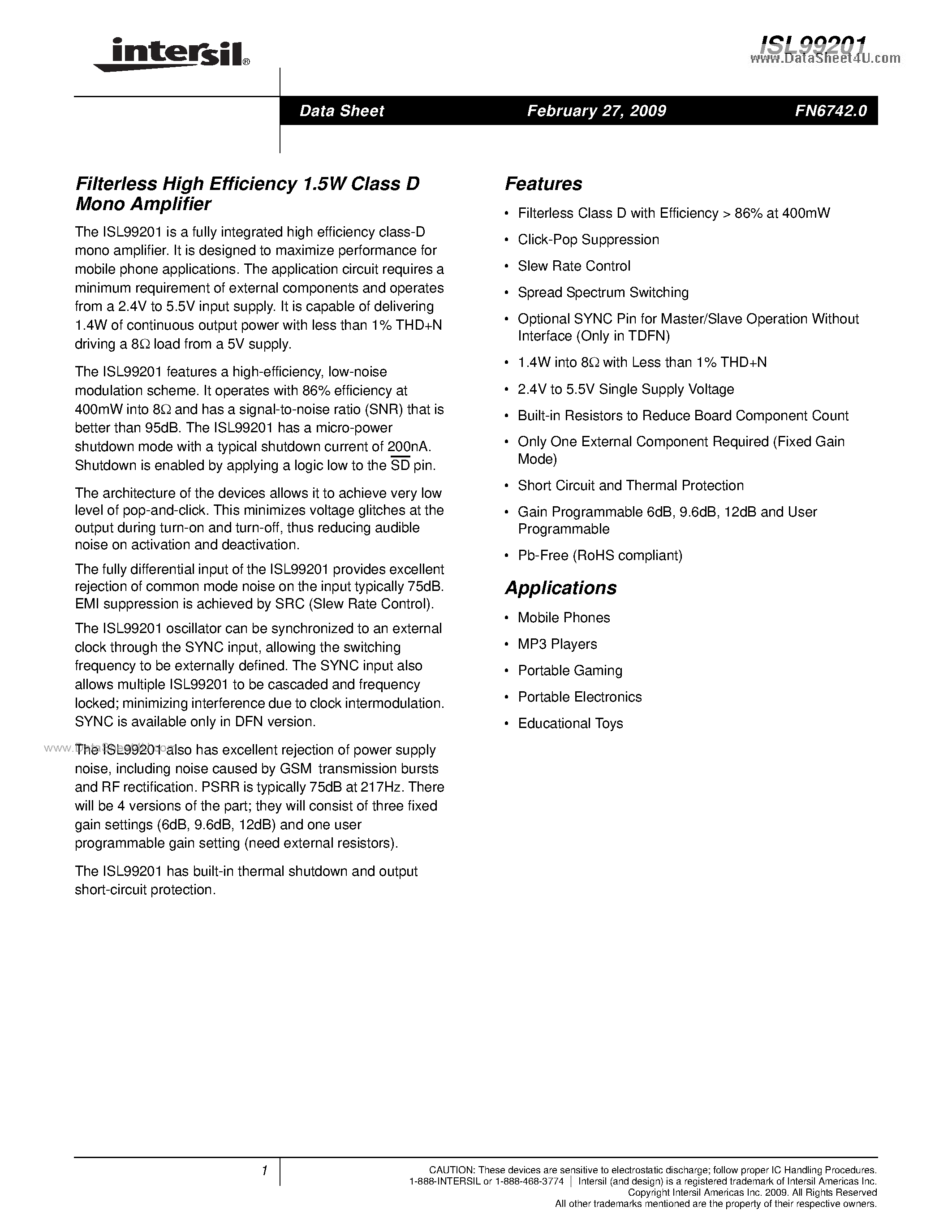 Datasheet ISL99201 page 1 Datasheet ISL99201 - Filterless High Efficiency 1.5W Class D Mono Amplifier page 1