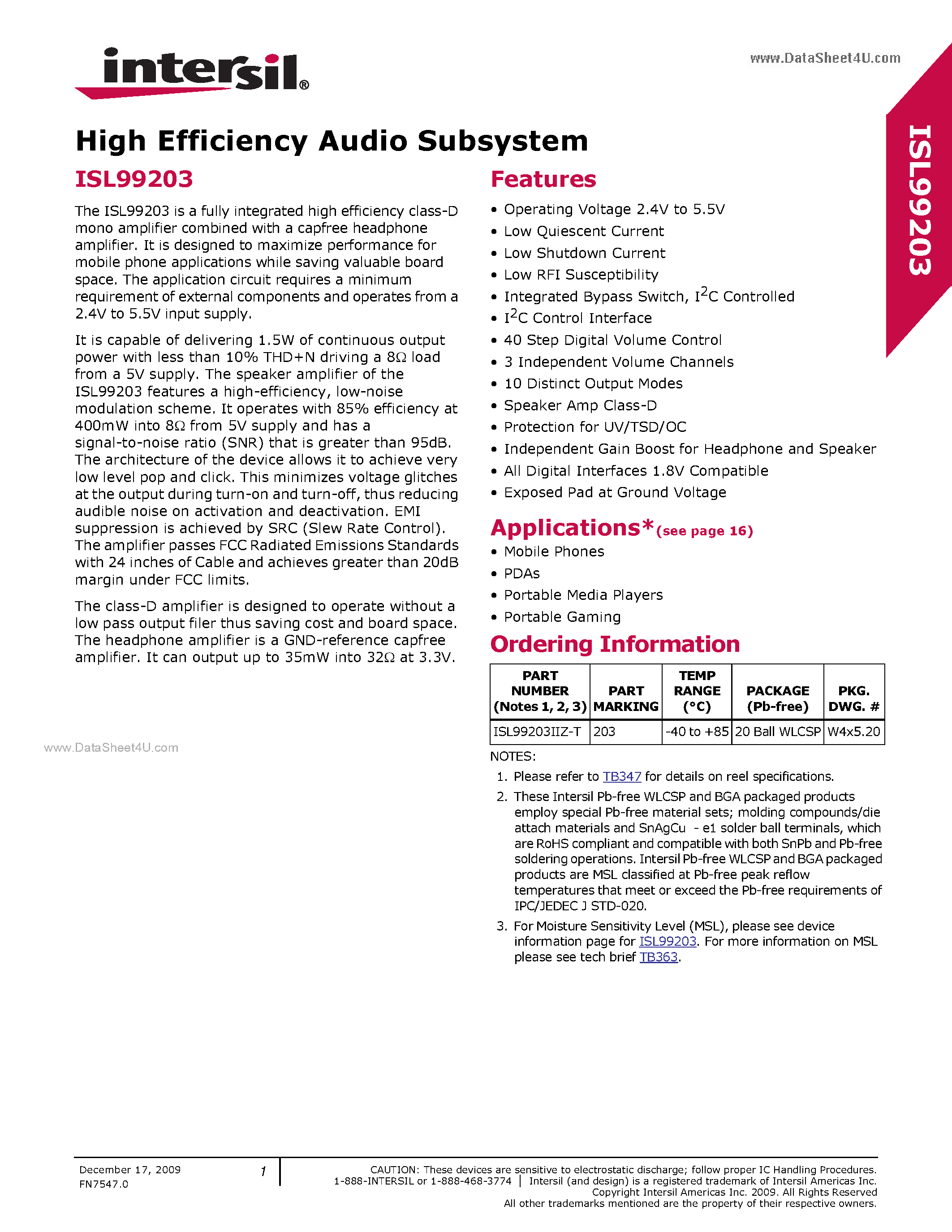 Datasheet ISL99203 page 1 Datasheet ISL99203 - High Efficiency Audio Subsystem page 1