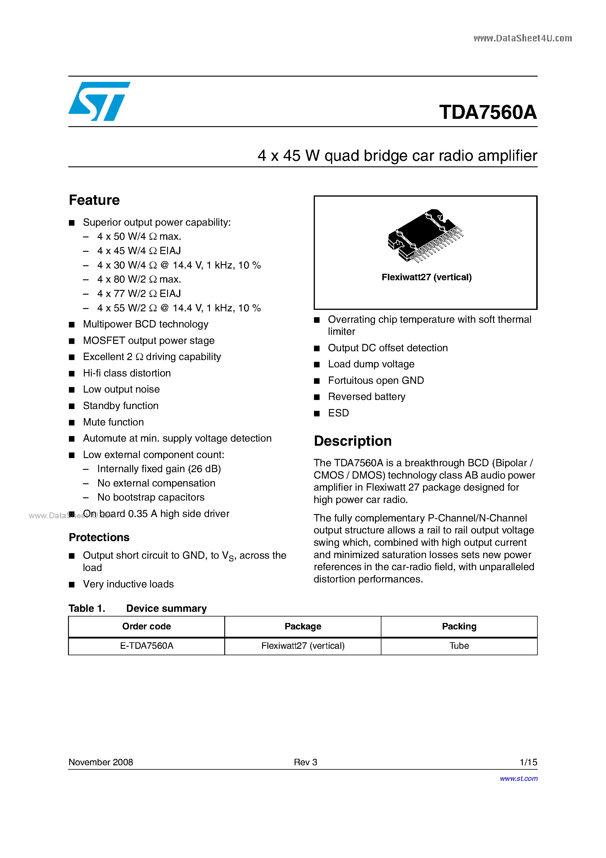 Datasheet TDA7560A page 1 Datasheet TDA7560A - 4 x 45 W quad bridge car radio amplifier page 1