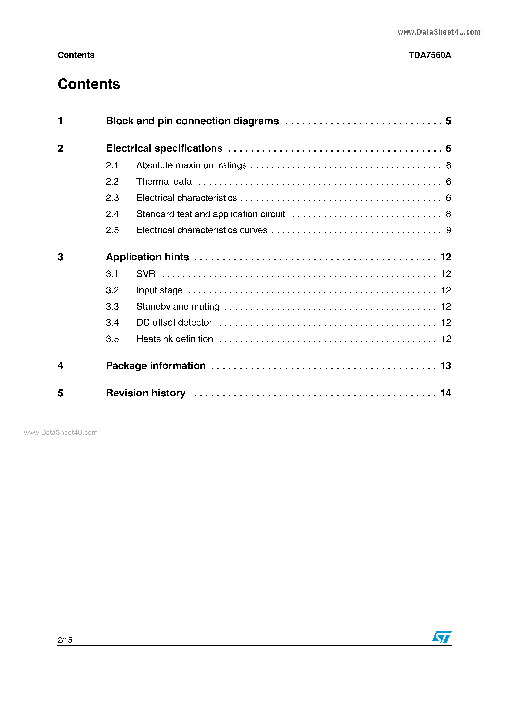 Datasheet TDA7560A page 2 Datasheet TDA7560A - 4 x 45 W quad bridge car radio amplifier page 2