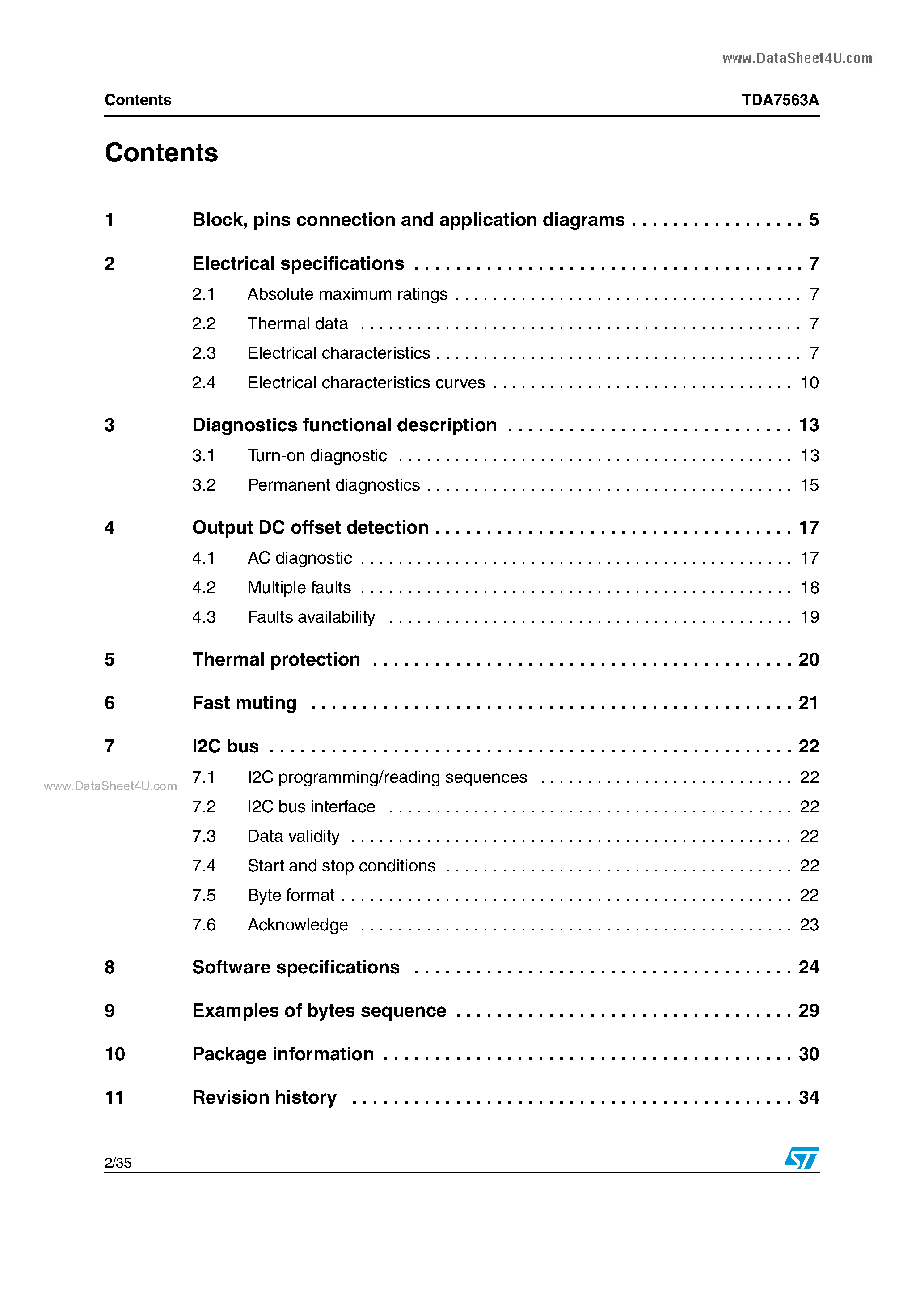 Datasheet TDA7563A - 4 x 50W multifunction quad power amplifier page 2