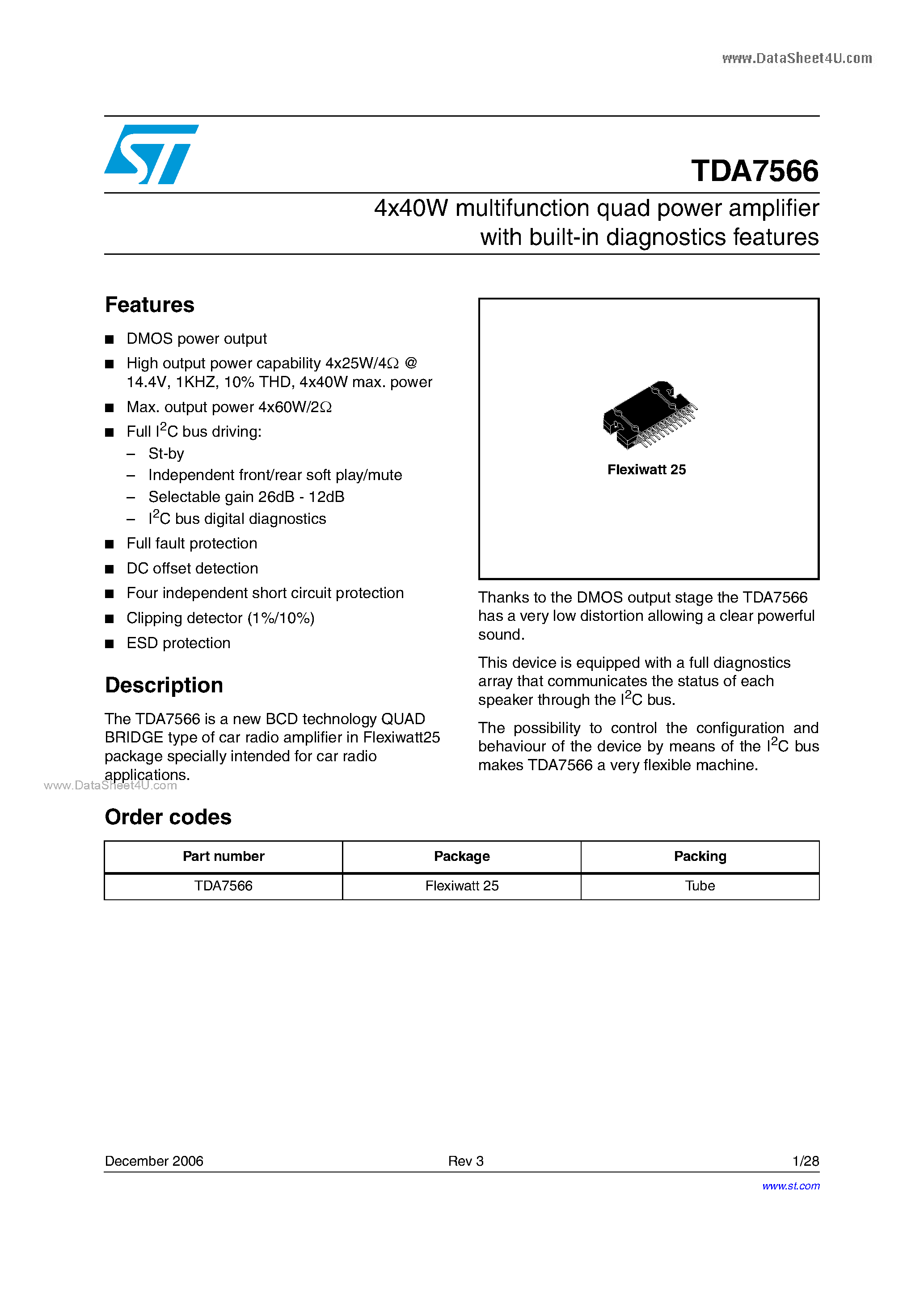 Datasheet TDA7566 - 4x40W multifunction quad power amplifier page 1