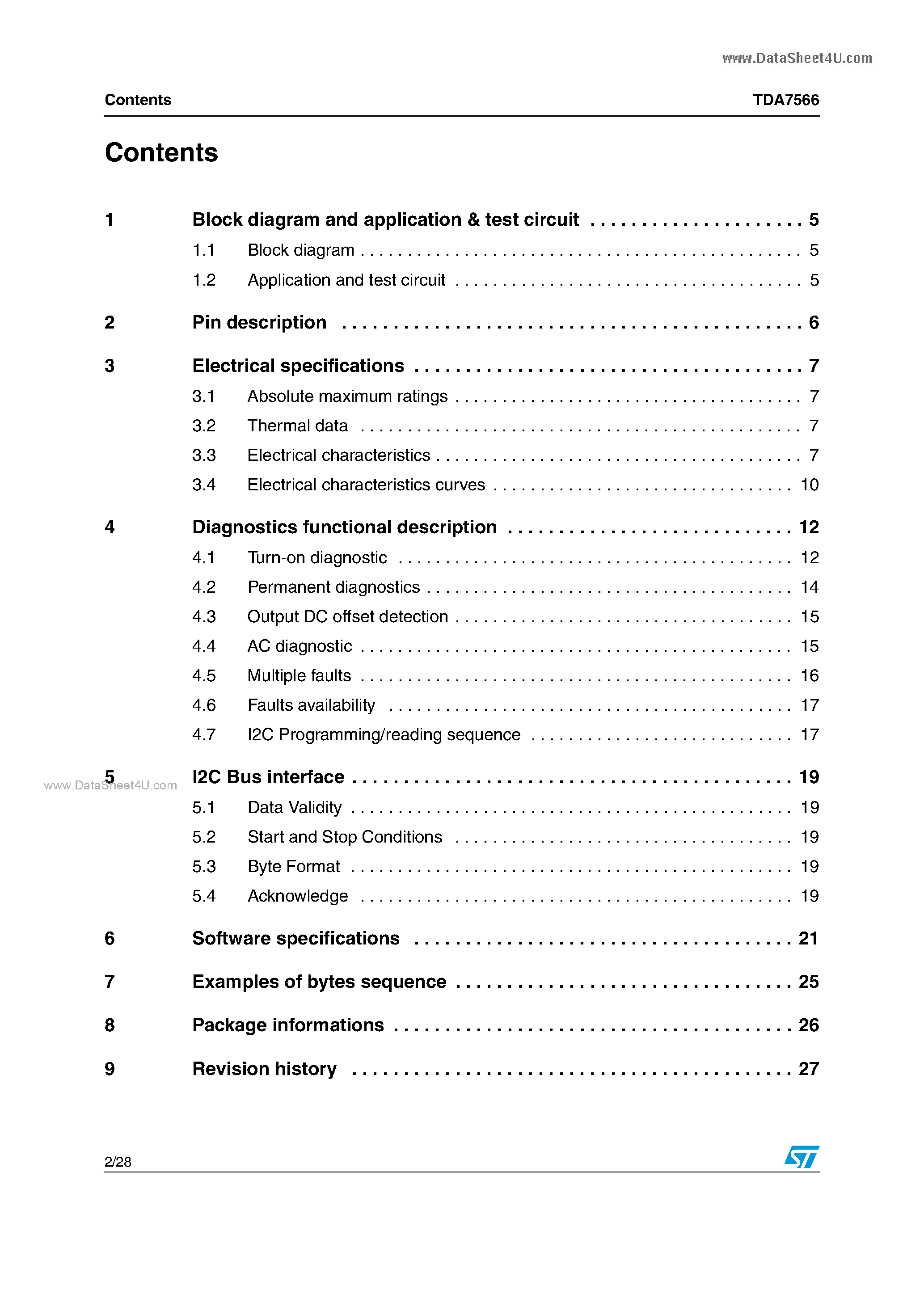 Datasheet TDA7566 - 4x40W multifunction quad power amplifier page 2