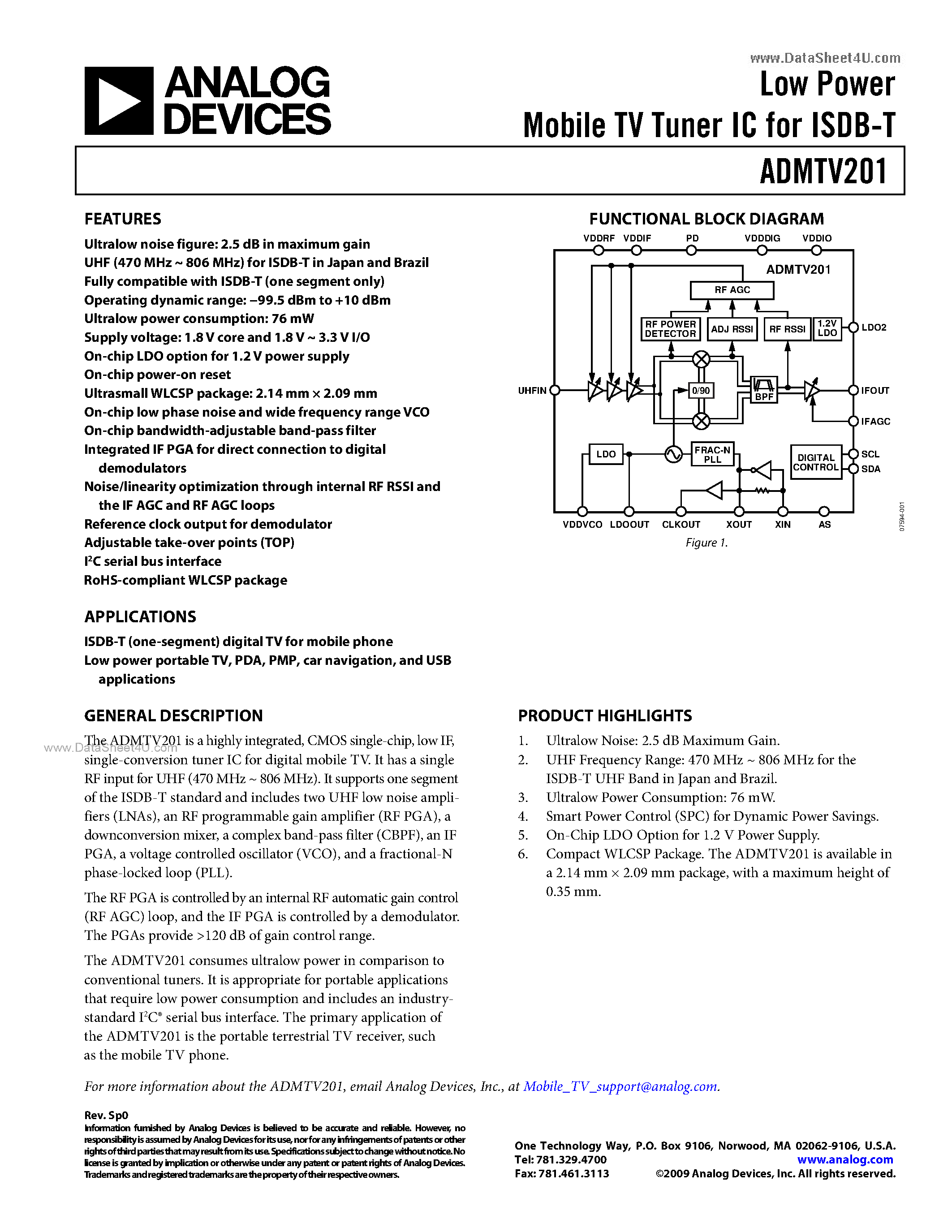 Datasheet ADMTV201 - Low Power Mobile TV Tuner IC page 1