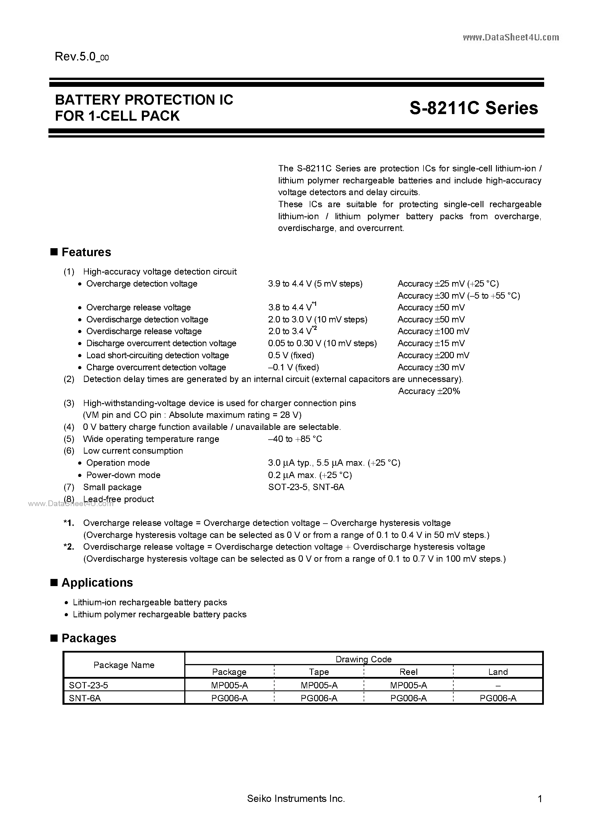 Datasheet S-8211C - BATTERY PROTECTION IC page 1