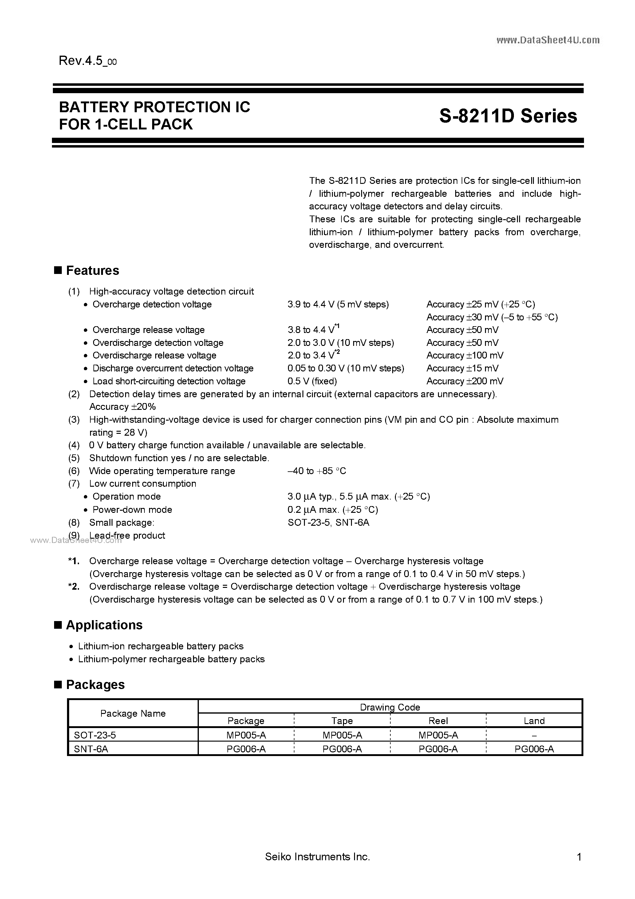Datasheet S-8211D page 1 Datasheet S-8211D - BATTERY PROTECTION IC page 1