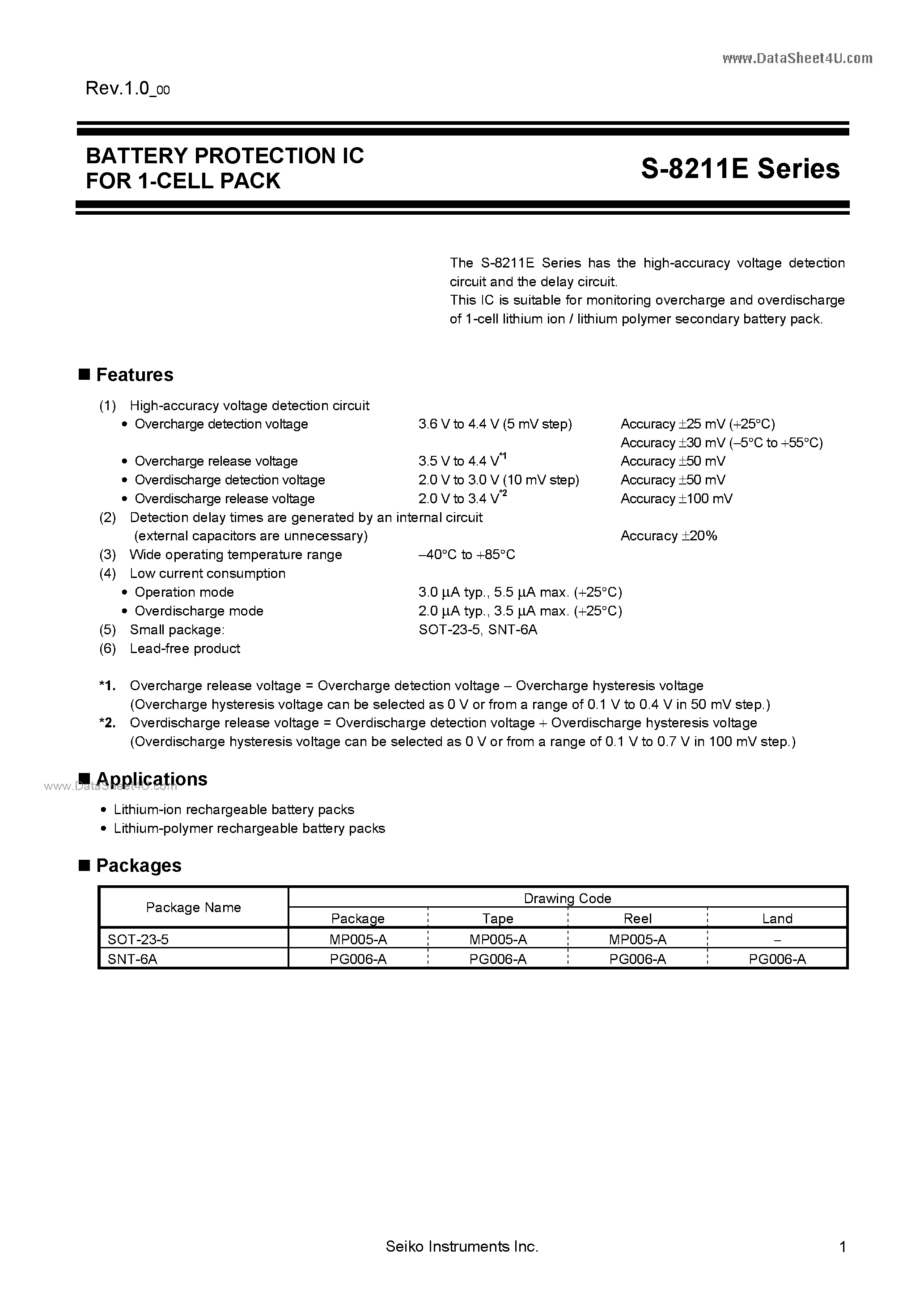 Datasheet S-8211E page 1 Datasheet S-8211E - BATTERY PROTECTION IC page 1