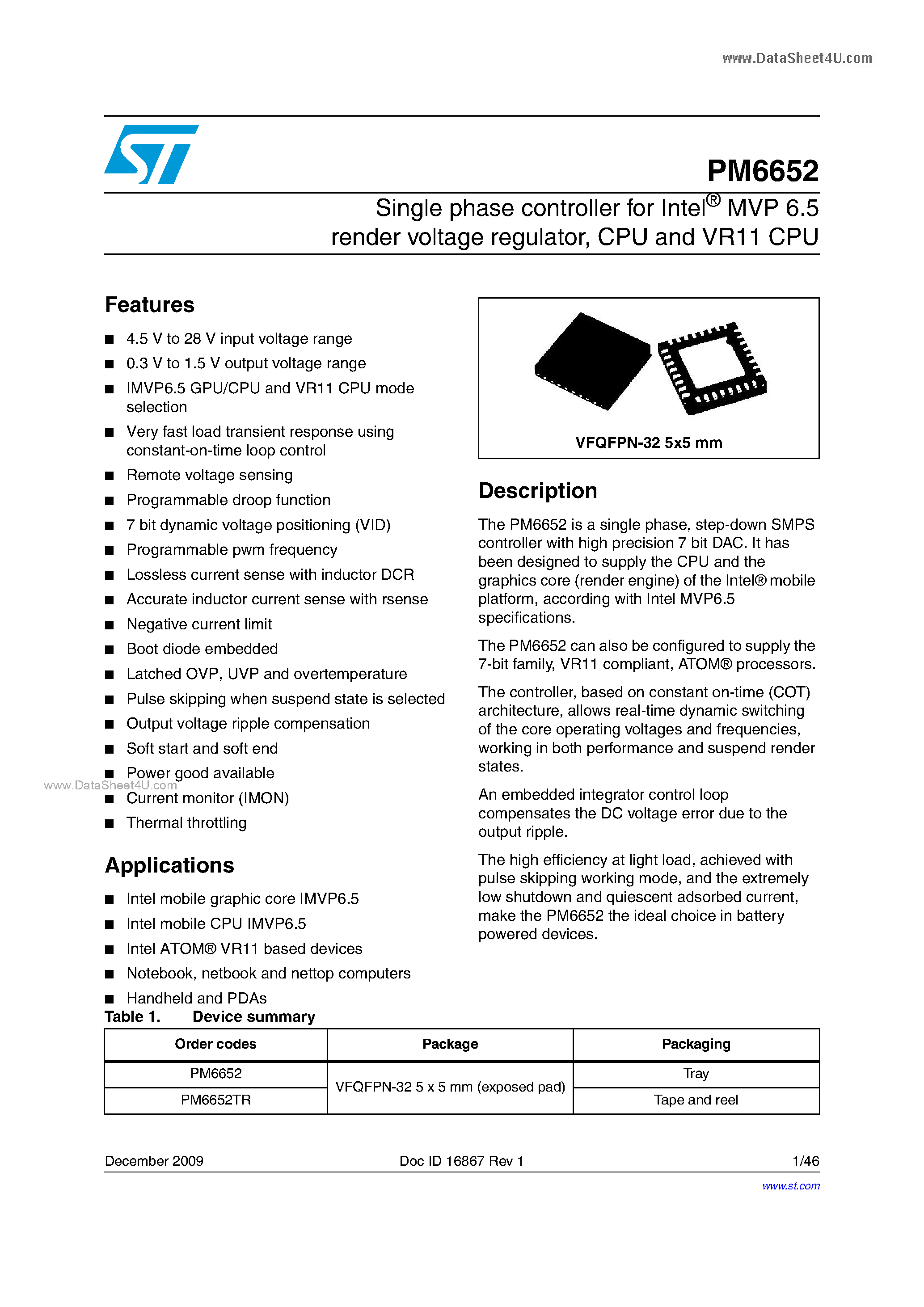 Datasheet PM6652 page 1 Datasheet PM6652 - Single-phase Switching DC-DC Controllers & Smart Regulators page 1
