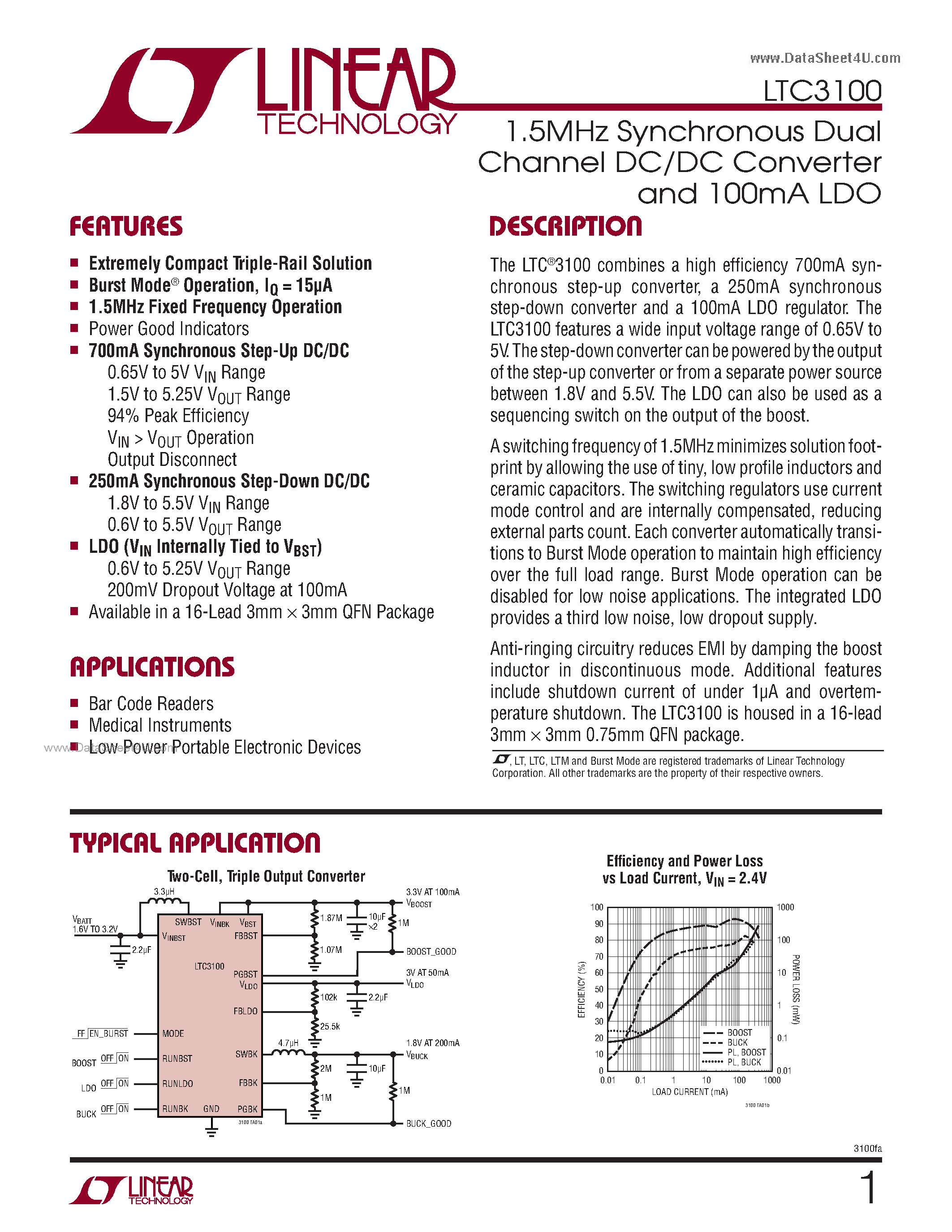 Даташит на микросхему LTC3100 страница 1 Даташит LTC3100 - 1.5MHz Synchronous Dual Channel DC/DC Converter and 100mA LDO страница 1