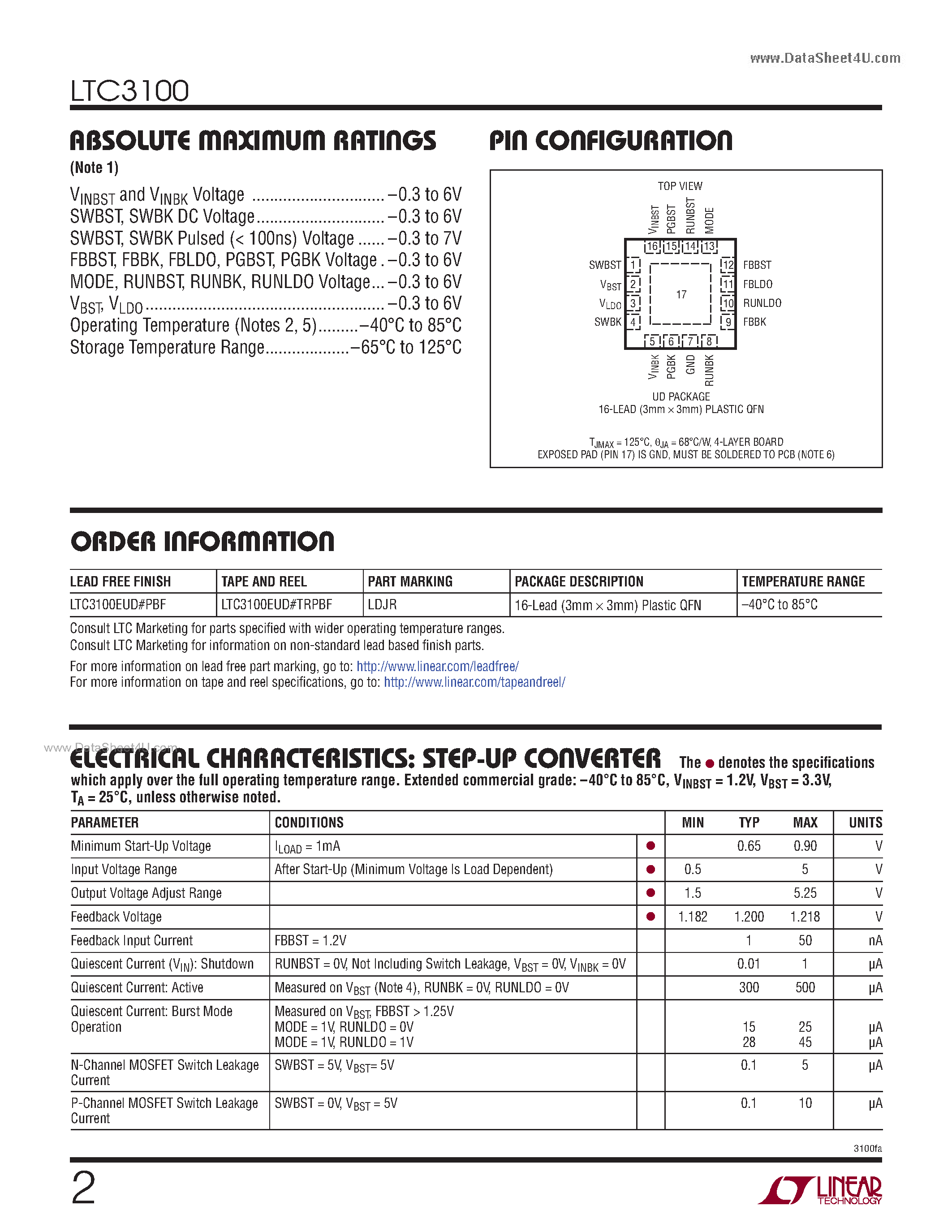 Даташит на микросхему LTC3100 страница 2 Даташит LTC3100 - 1.5MHz Synchronous Dual Channel DC/DC Converter and 100mA LDO страница 2