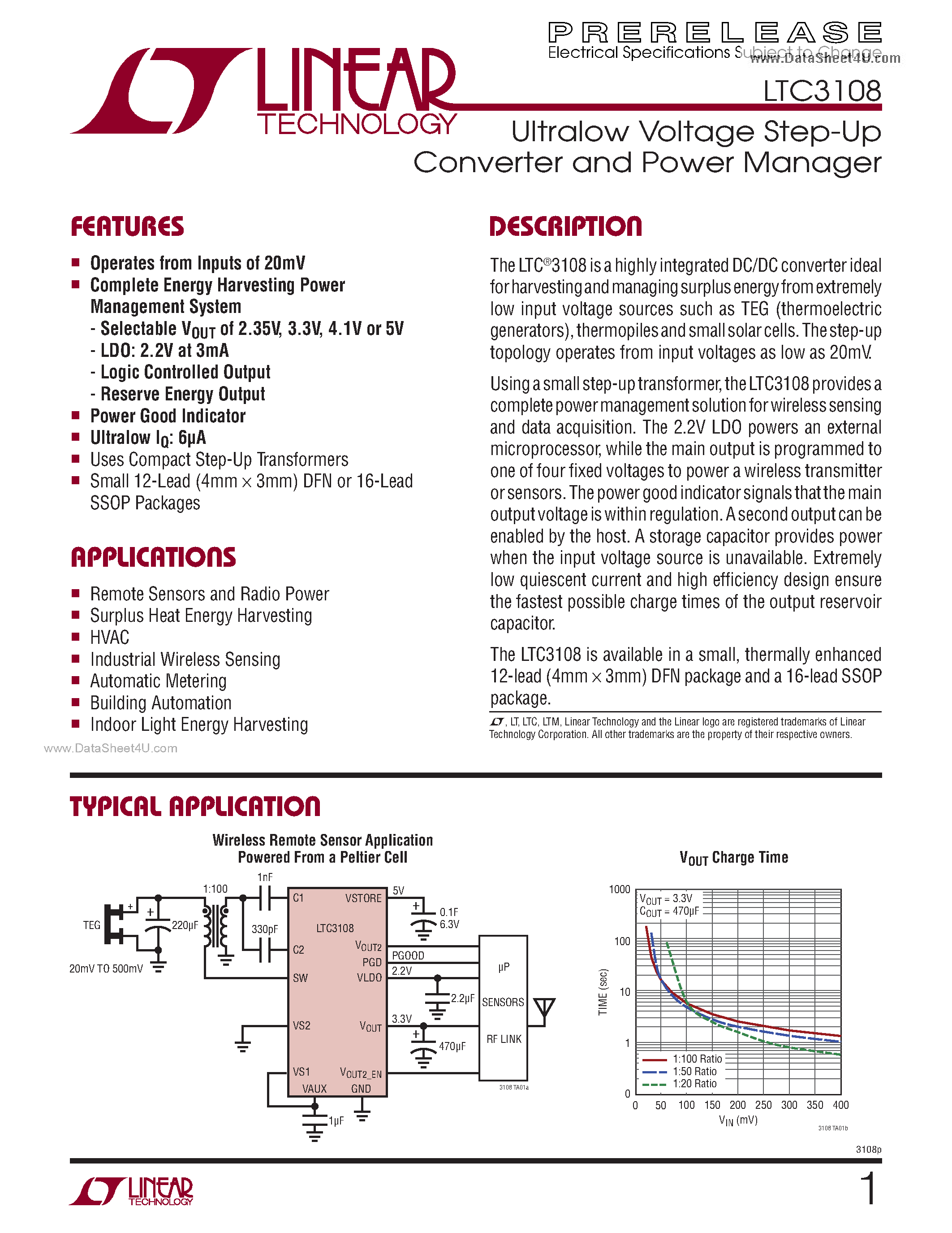 Datasheet LTC3108 - Ultralow Voltage Step-Up Converter and Power Manager page 1
