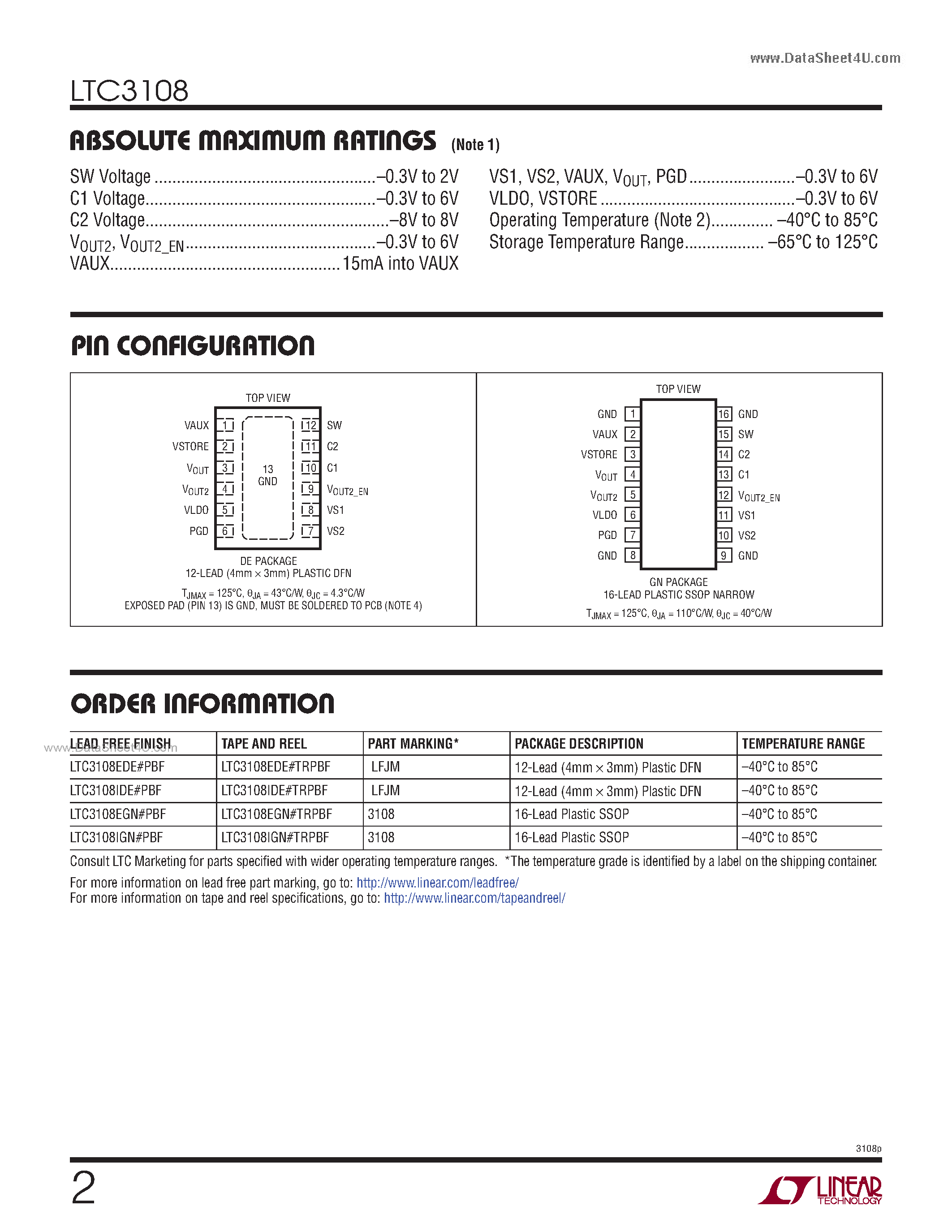 Datasheet LTC3108 - Ultralow Voltage Step-Up Converter and Power Manager page 2