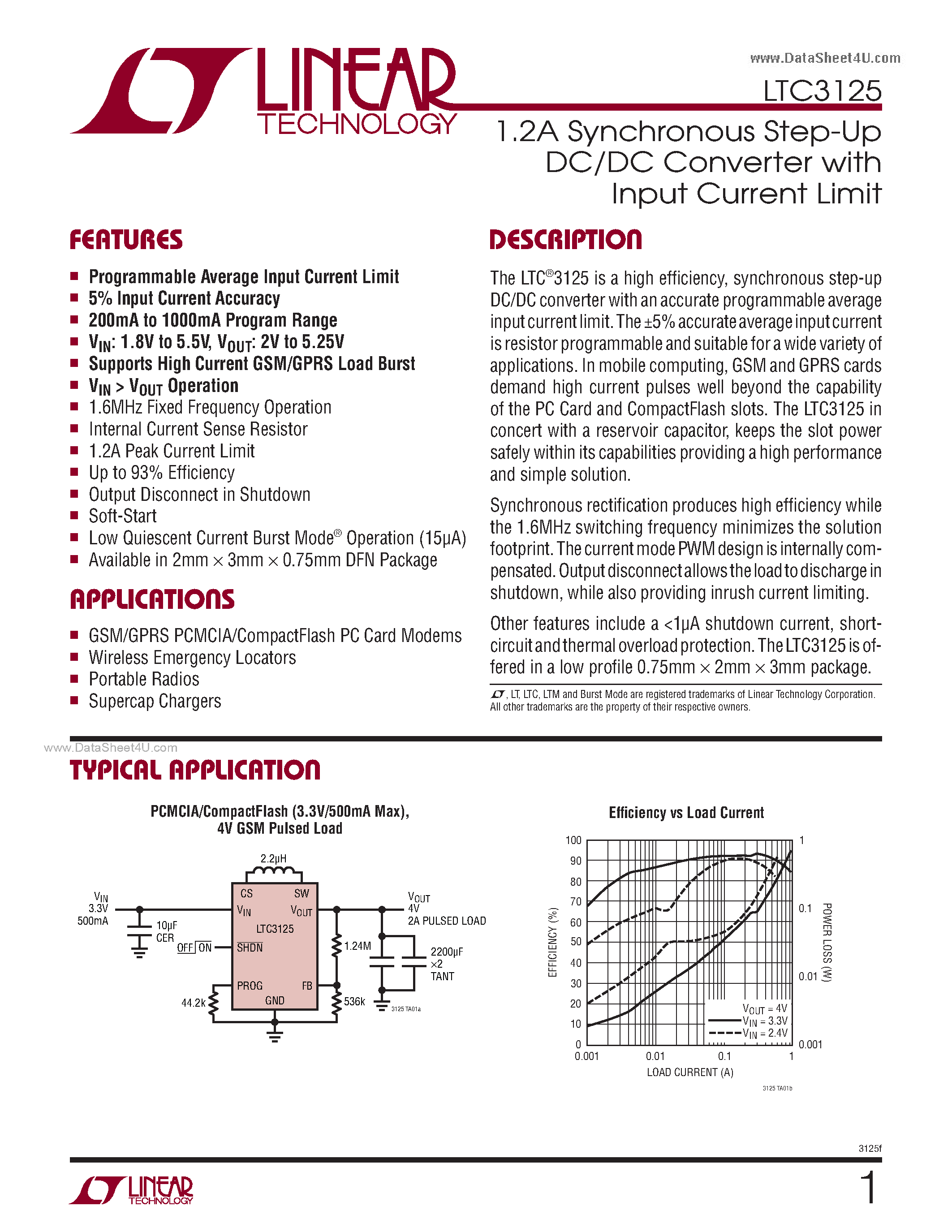 Datasheet LTC3125 page 1 Datasheet LTC3125 - 1.2A Synchronous Step-Up DC/DC Converter page 1