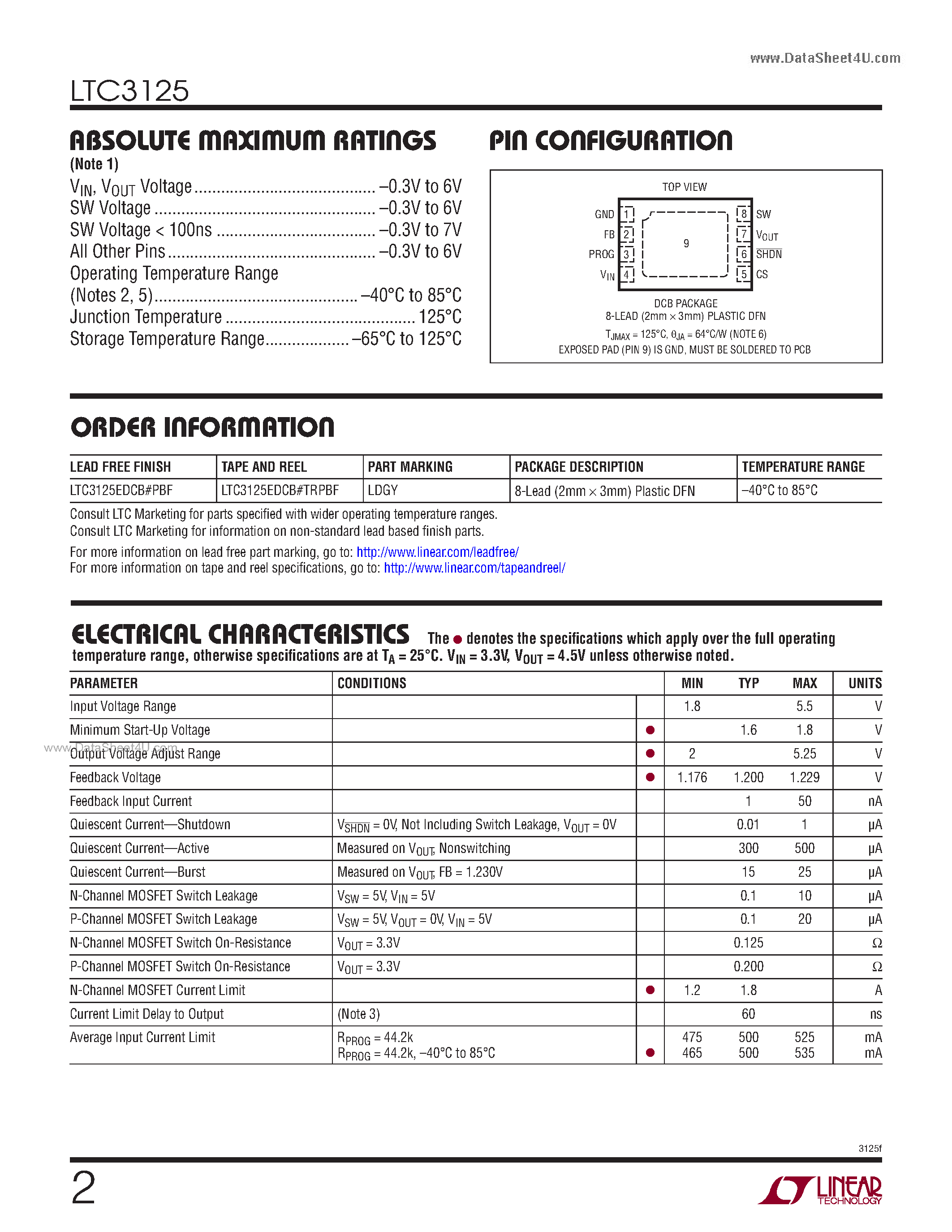 Datasheet LTC3125 page 2 Datasheet LTC3125 - 1.2A Synchronous Step-Up DC/DC Converter page 2