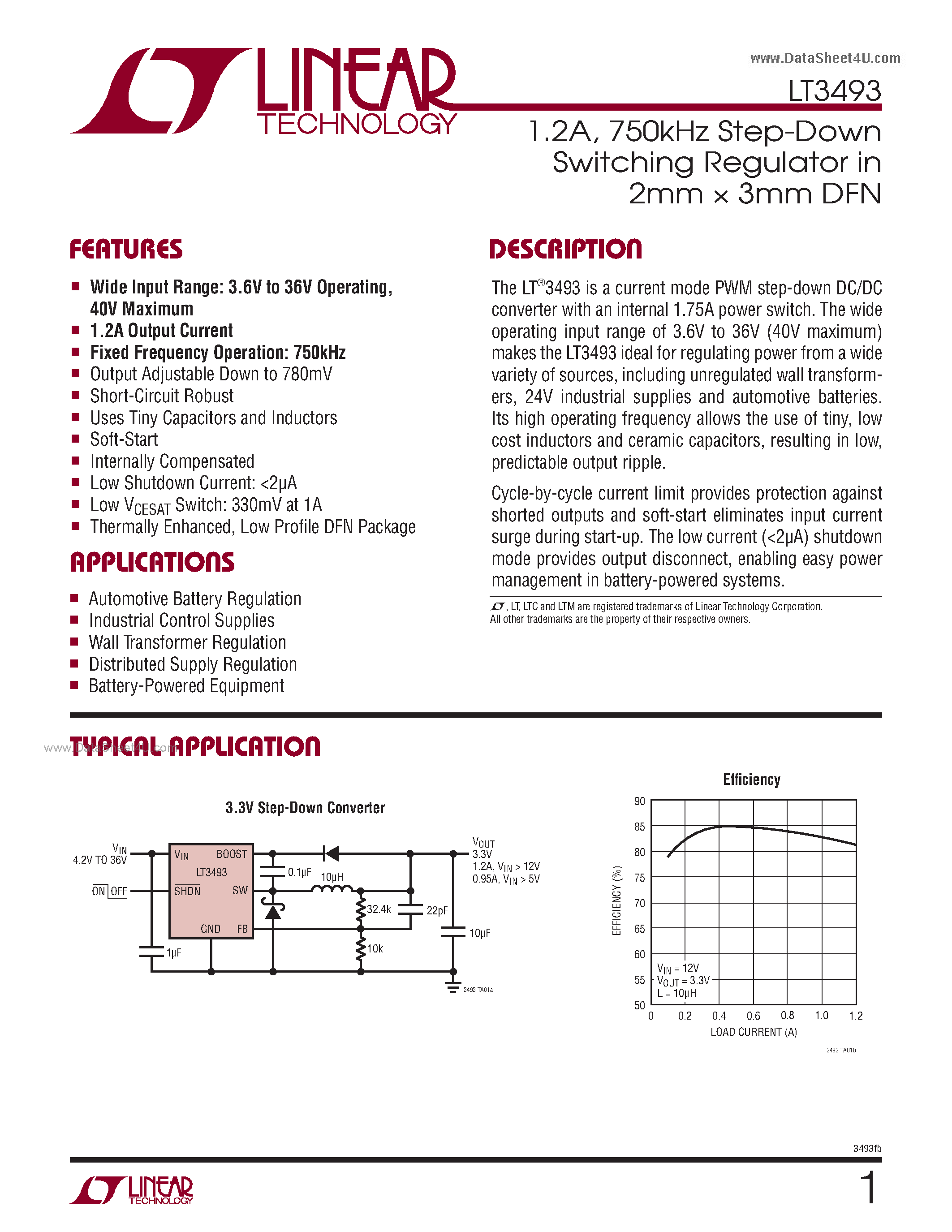 Datasheet LT3493 page 1 Datasheet LT3493 - 750kHz Step-Down Switching Regulator page 1