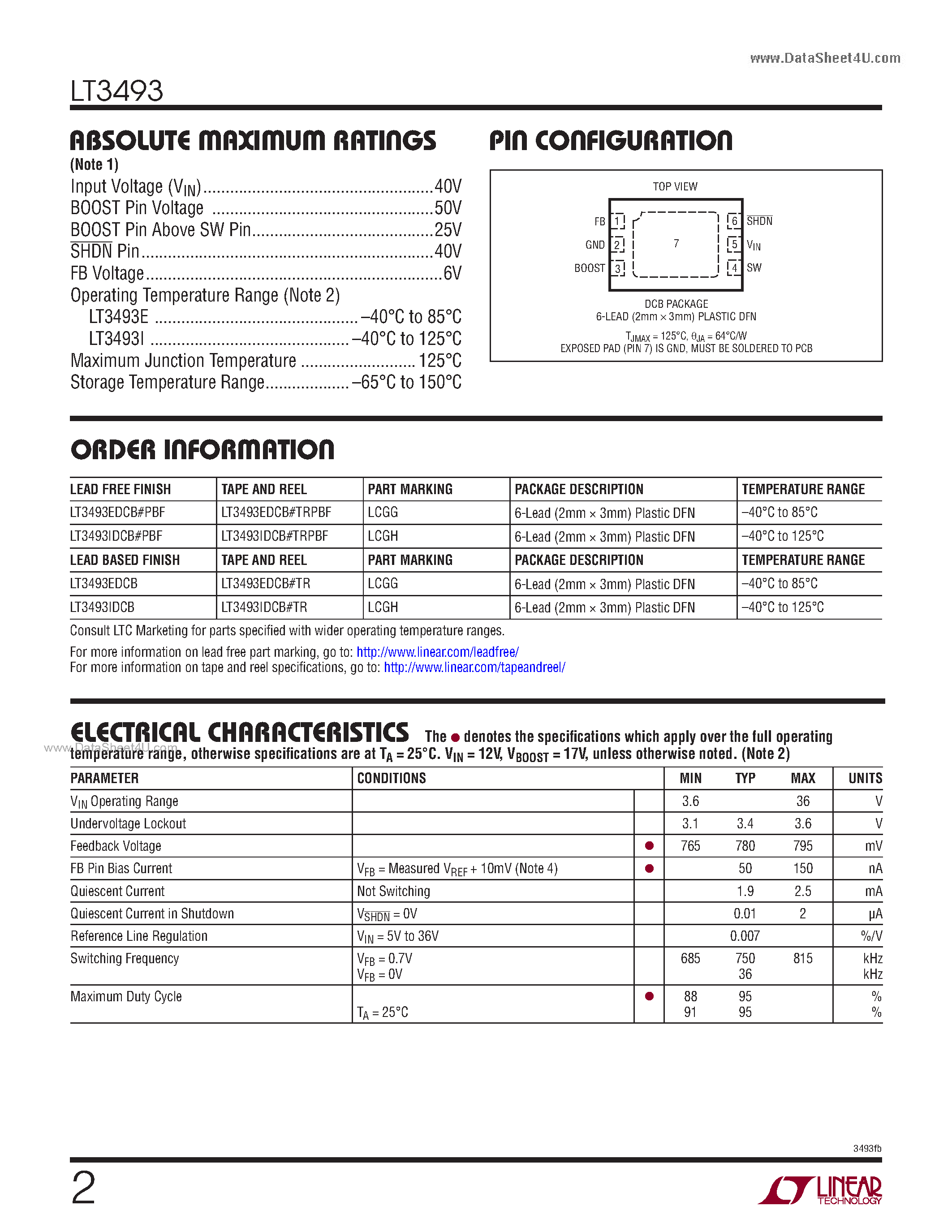 Datasheet LT3493 page 2 Datasheet LT3493 - 750kHz Step-Down Switching Regulator page 2