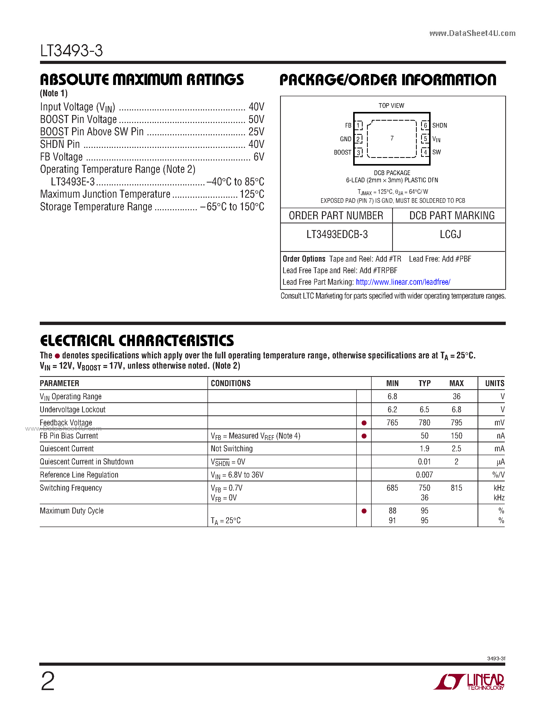 Datasheet LT3493-3 - 750kHz Step-Down Switching Regulator page 2