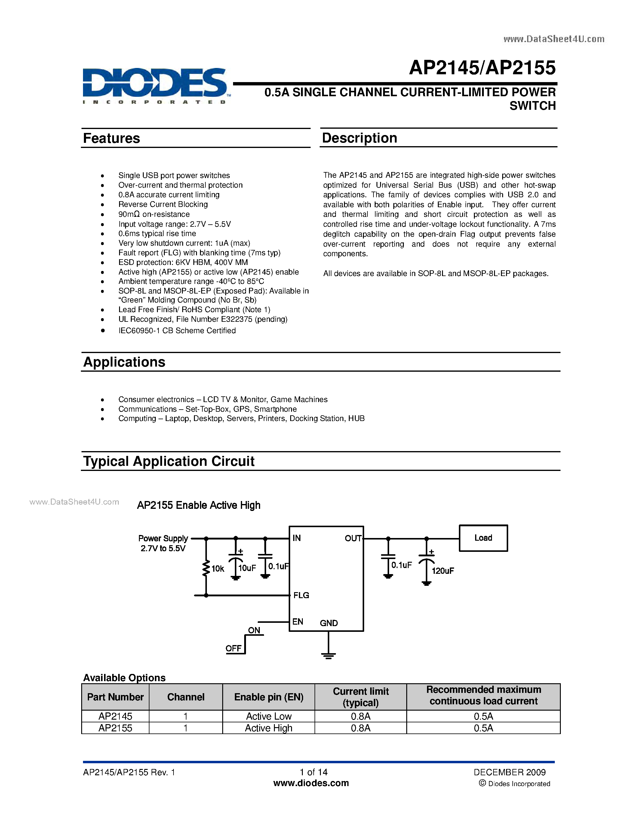 Datasheet AP2145 page 1 Datasheet AP2145 - (AP2145 / AP2155) 0.5A SINGLE CHANNEL CURRENT-LIMITED POWER SWITCH page 1