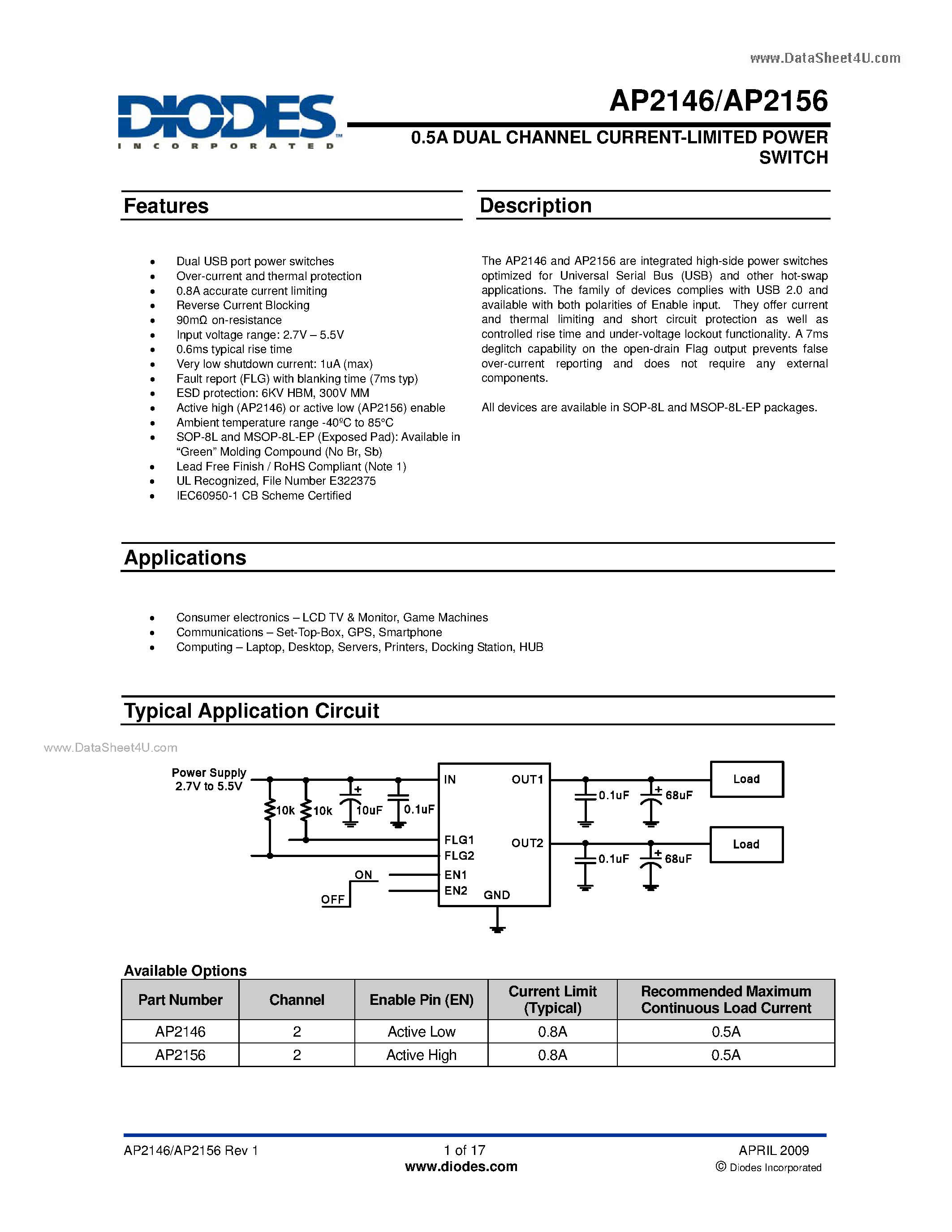 Datasheet AP2146 page 1 Datasheet AP2146 - (AP2146 / AP2156) 0.5A DUAL CHANNEL CURRENT-LIMITED POWER SWITCH page 1