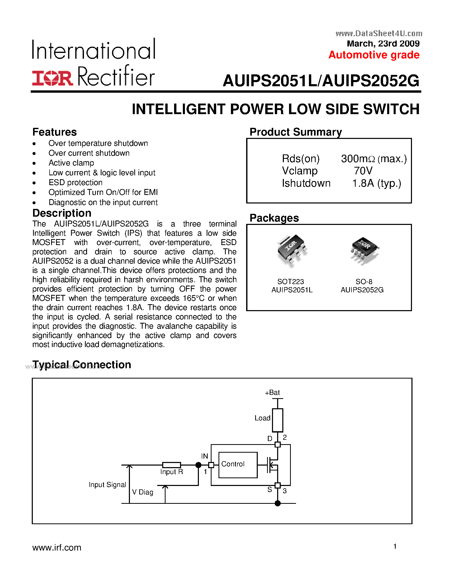 Даташит на микросхему AUIPS2051L страница 1 Даташит AUIPS2051L - (AUIPS2051L / AUIPS2052G) Intelligent Power Switch Single Channel Low Side Driver страница 1
