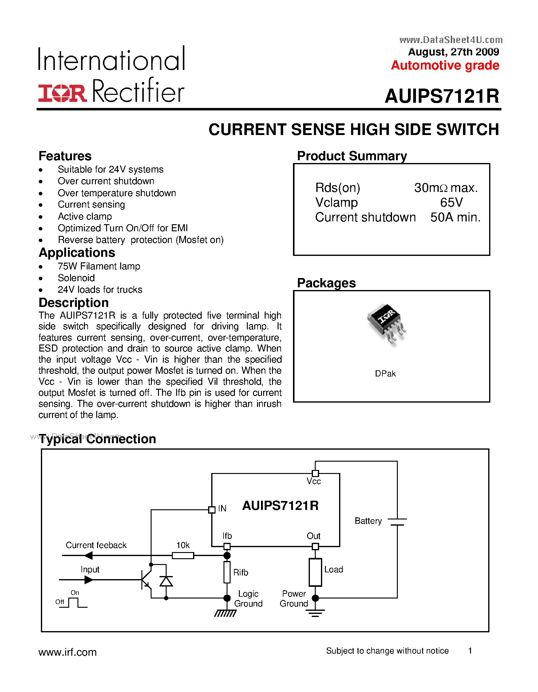 Даташит на микросхему AUIPS7121R страница 1 Даташит AUIPS7121R - CURRENT SENSE HIGH SIDE SWITCH страница 1