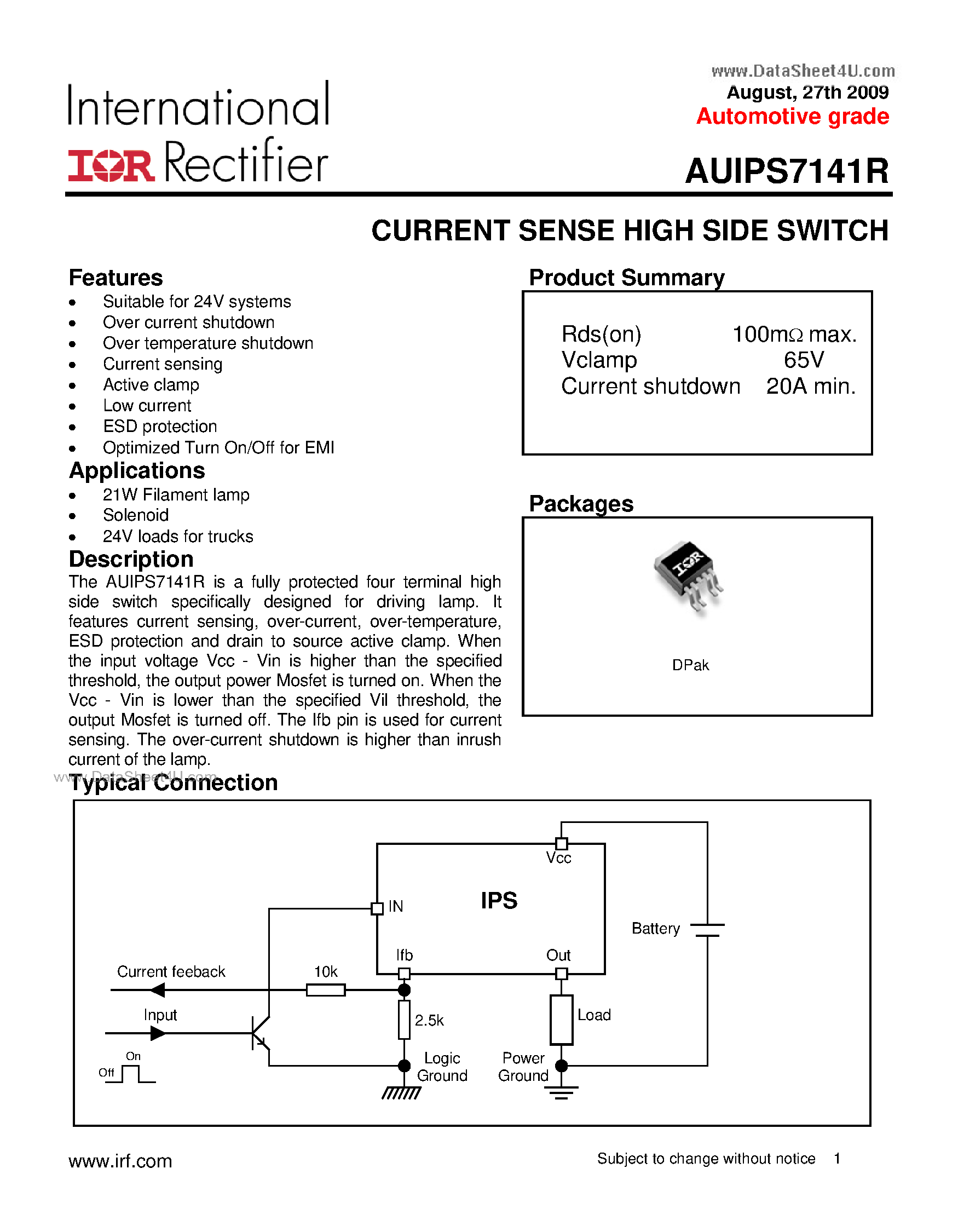 Даташит на микросхему AUIPS7141R страница 1 Даташит AUIPS7141R - CURRENT SENSE HIGH SIDE SWITCH страница 1