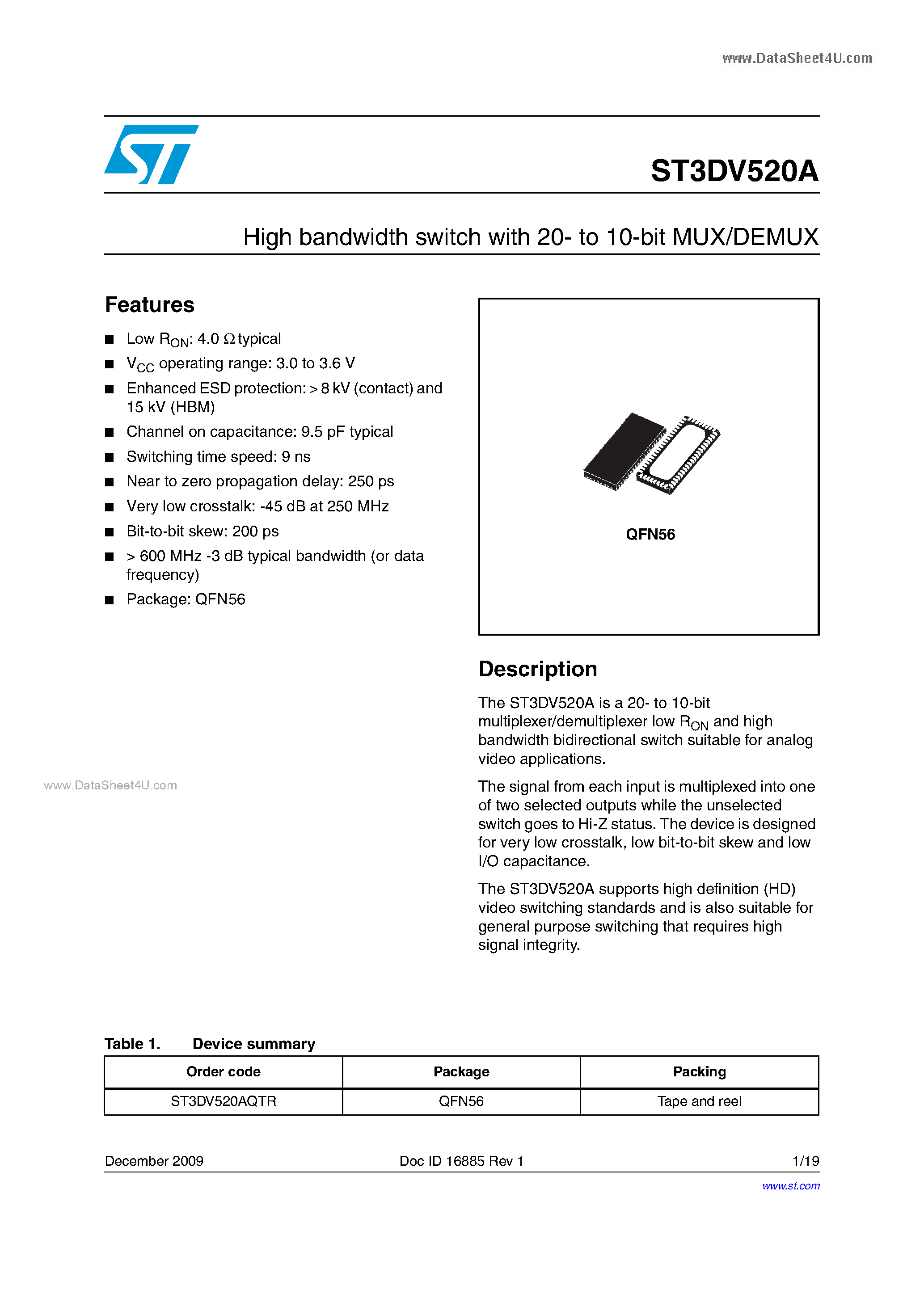 Datasheet ST3DV520A page 1 Datasheet ST3DV520A - High Bandwidth Switch page 1