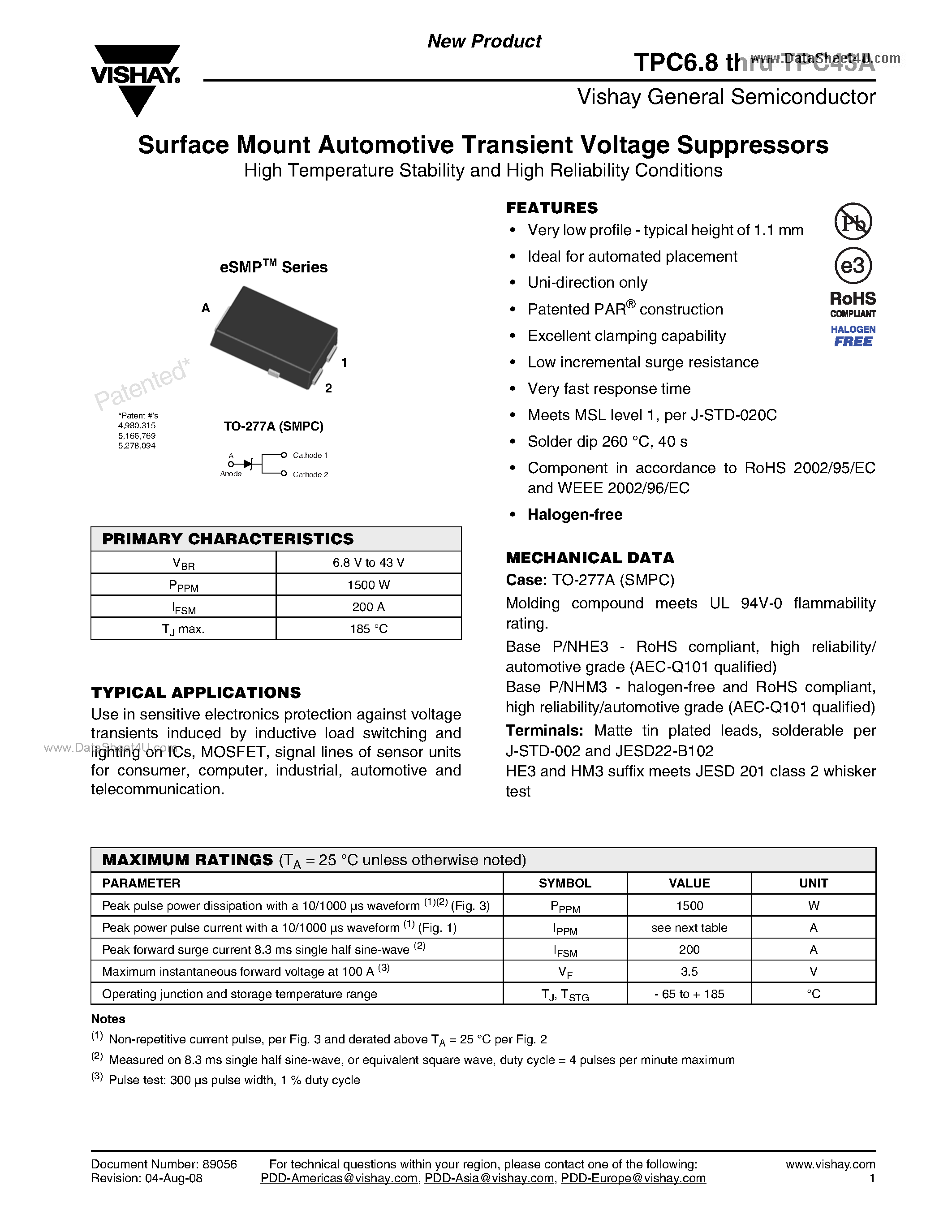 Datasheet TPC10 - Surface Mount Automotive Transient Voltage Suppressors page 1