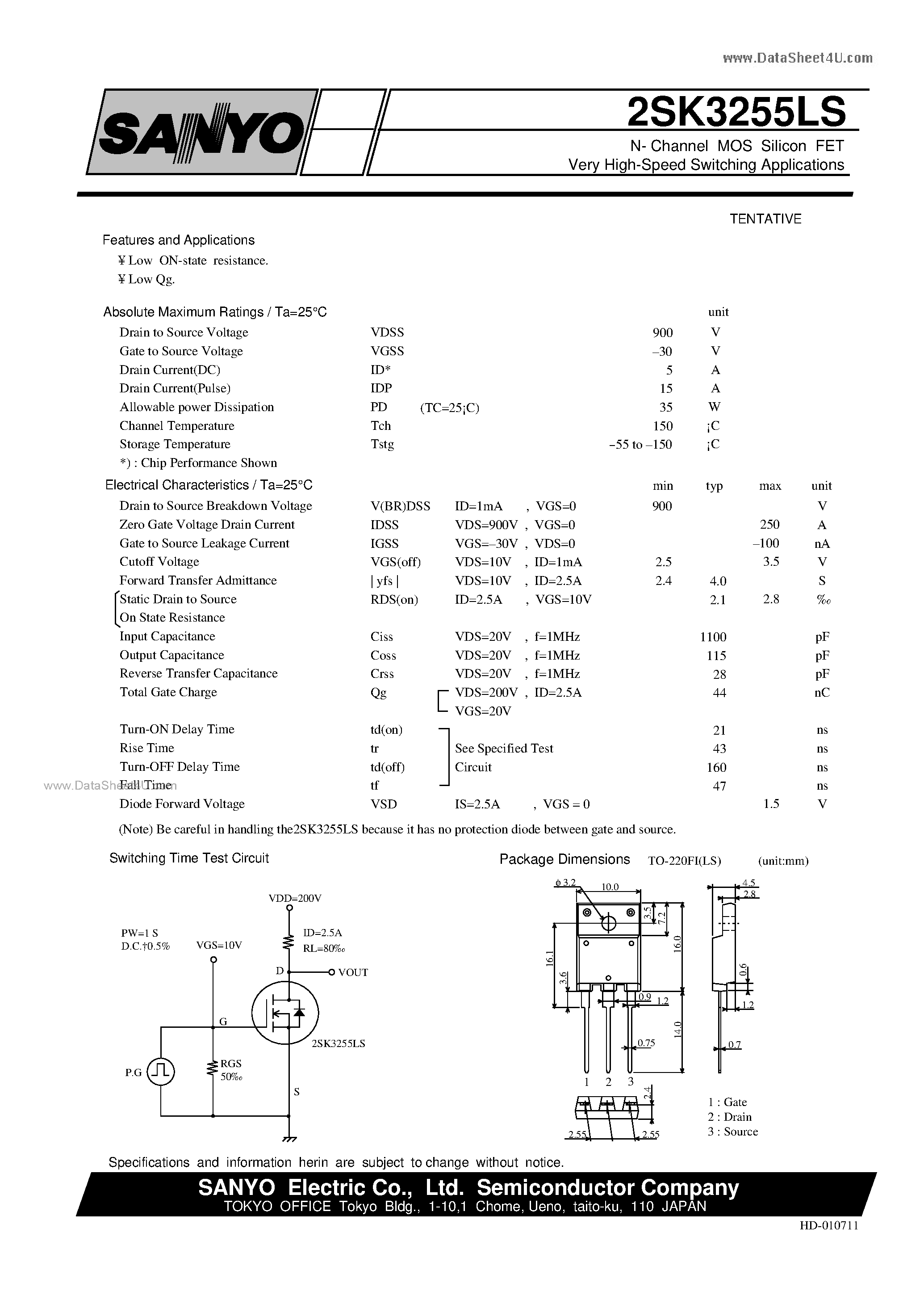 Datasheet 2SK3255LS - N-Channel MOS Silicon FET page 1