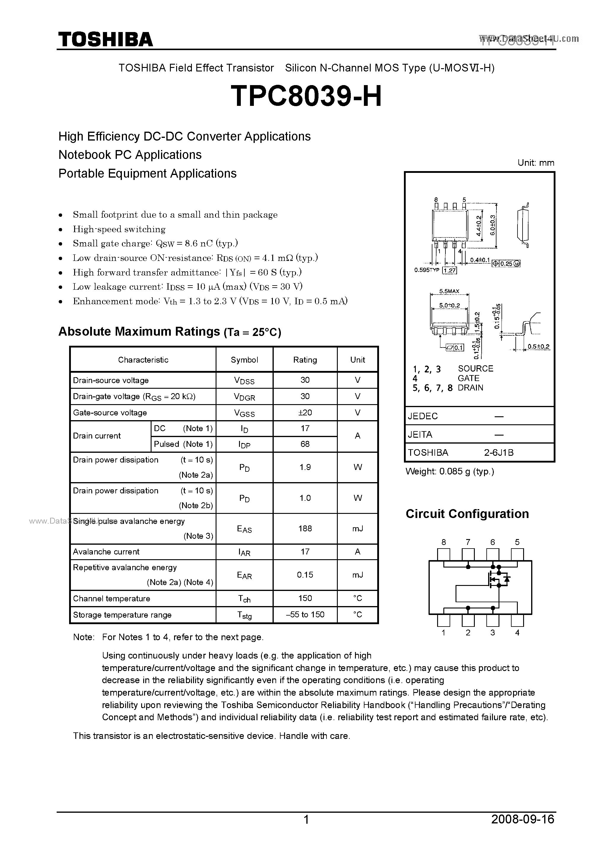 Datasheet TPC8039-H - Field Effect Transistor page 1