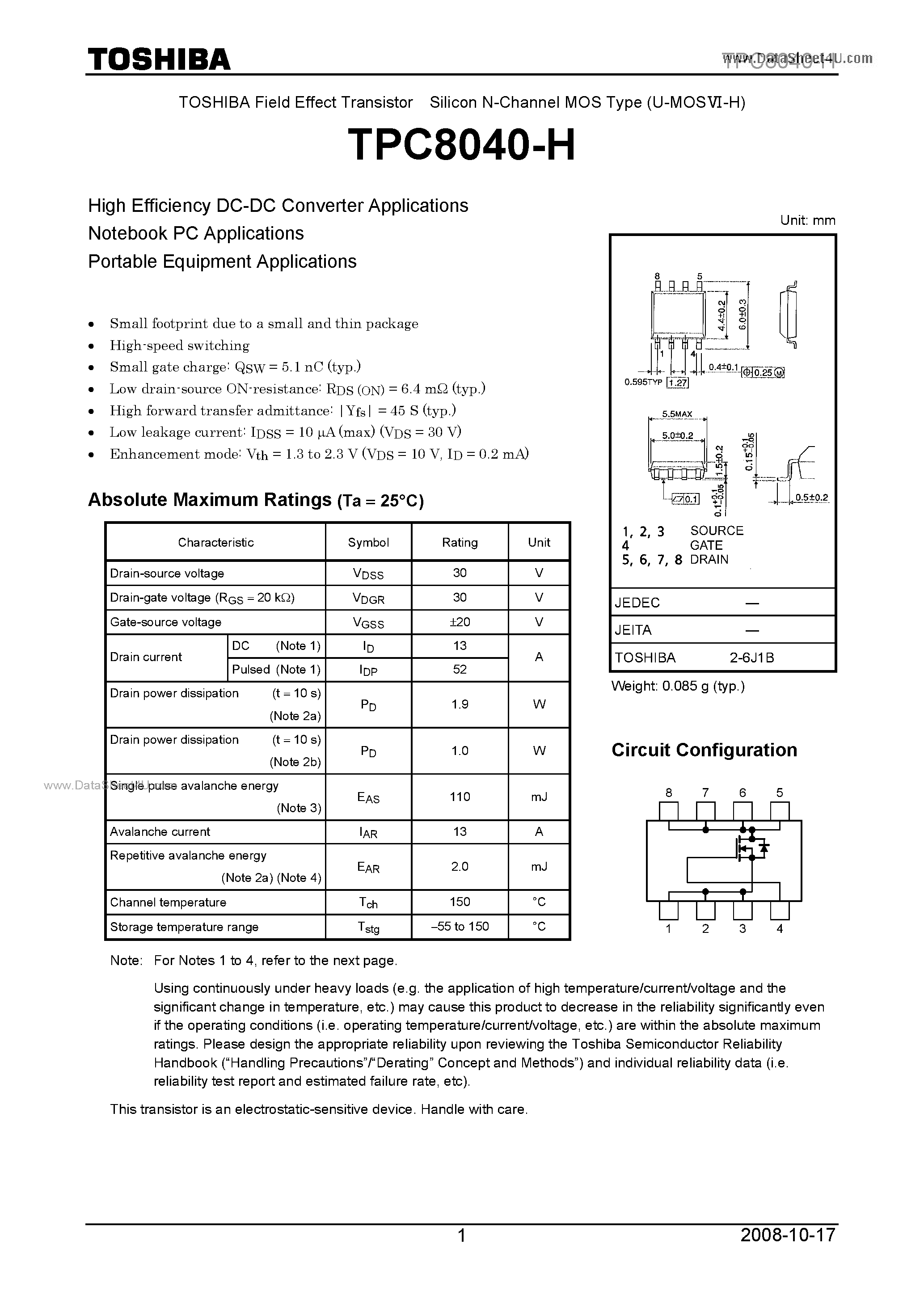 Datasheet TPC8040-H - Field Effect Transistor page 1