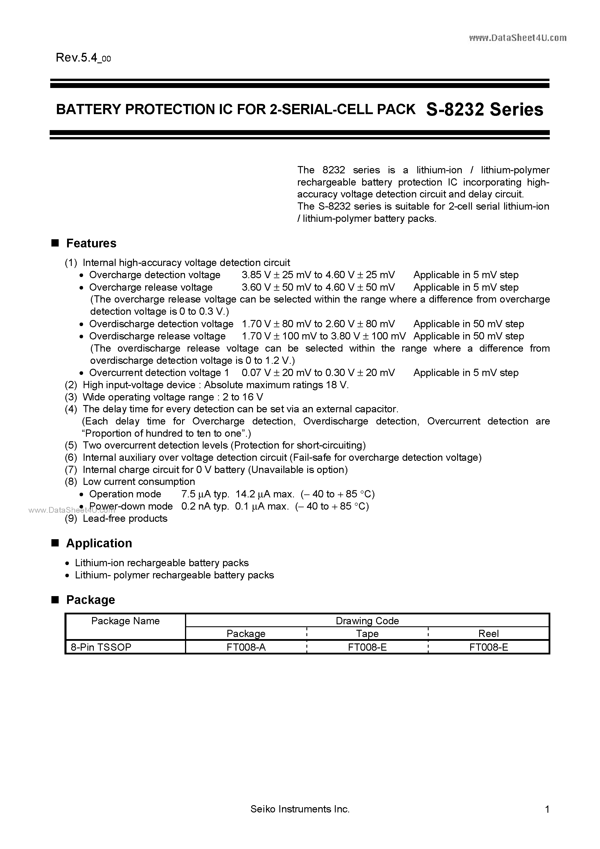 Datasheet S-8232 - BATTERY PROTECTION IC page 1