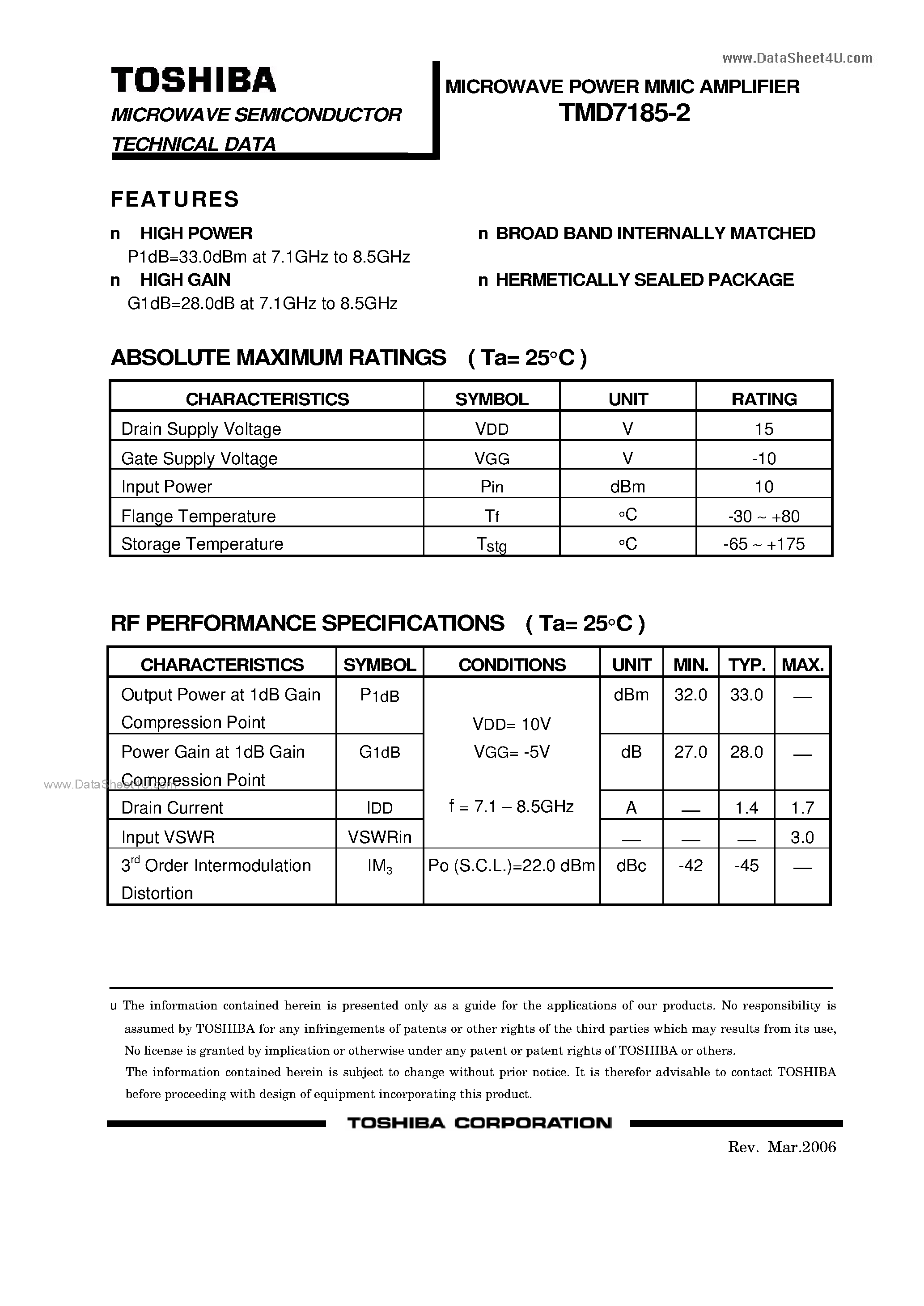 Datasheet TMD7185-2 - MICROWAVE POWER MMIC AMPLIFIER page 1
