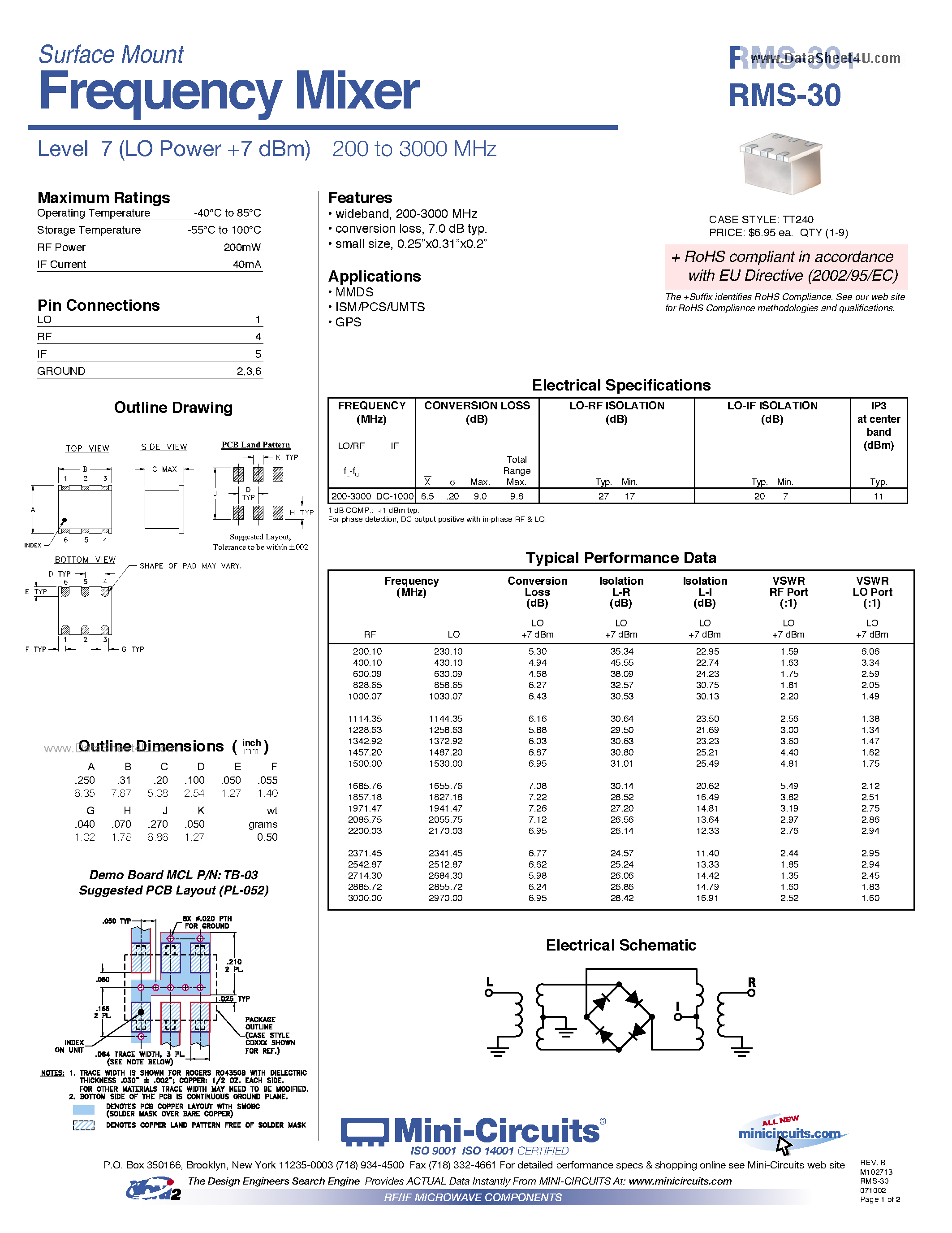 Datasheet RMS-30 - Level 7 (LO Power 7 dBm) 200 to 3000 MHz page 1