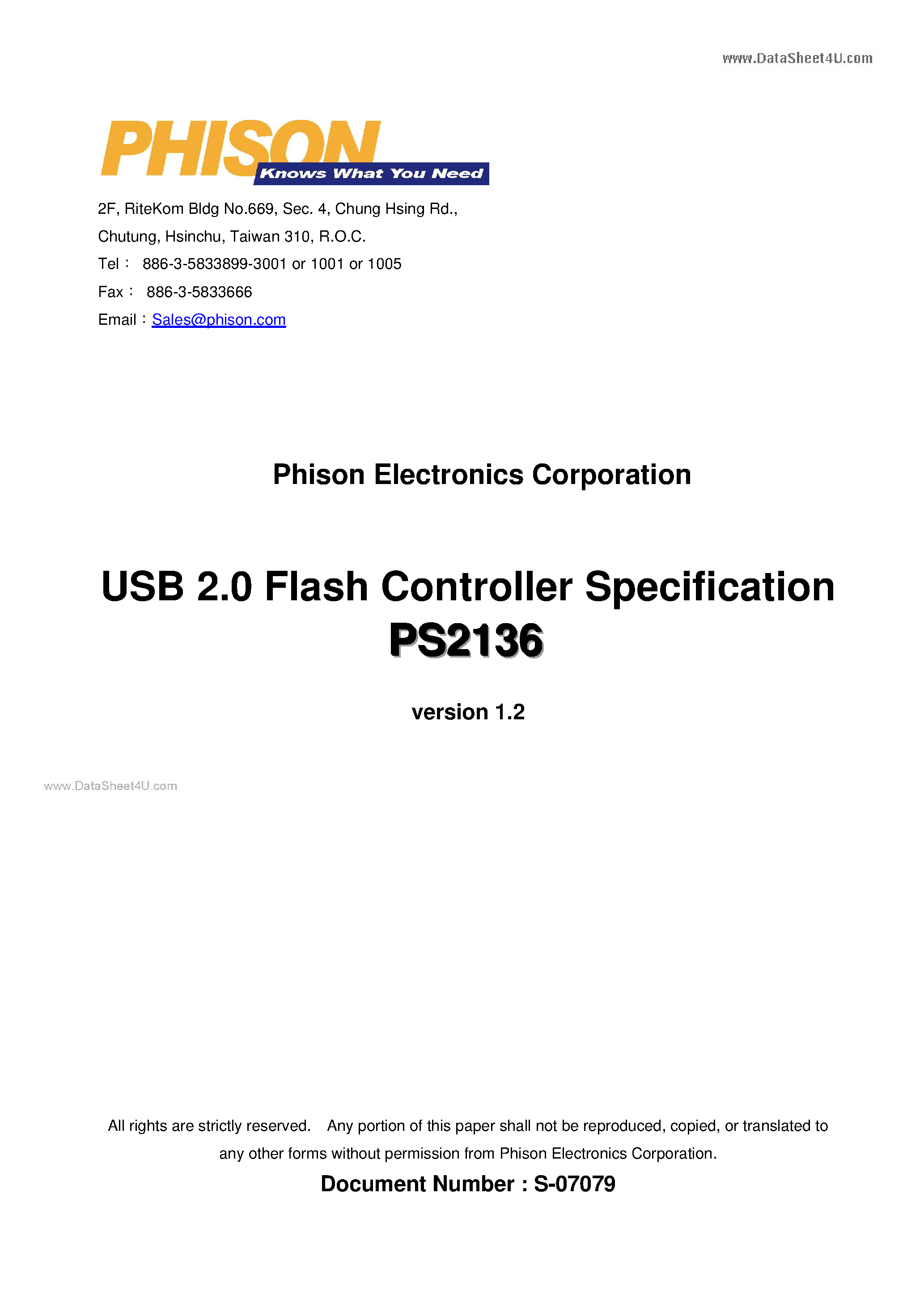 Datasheet PS2136 - USB 2.0 Flash Controller page 1