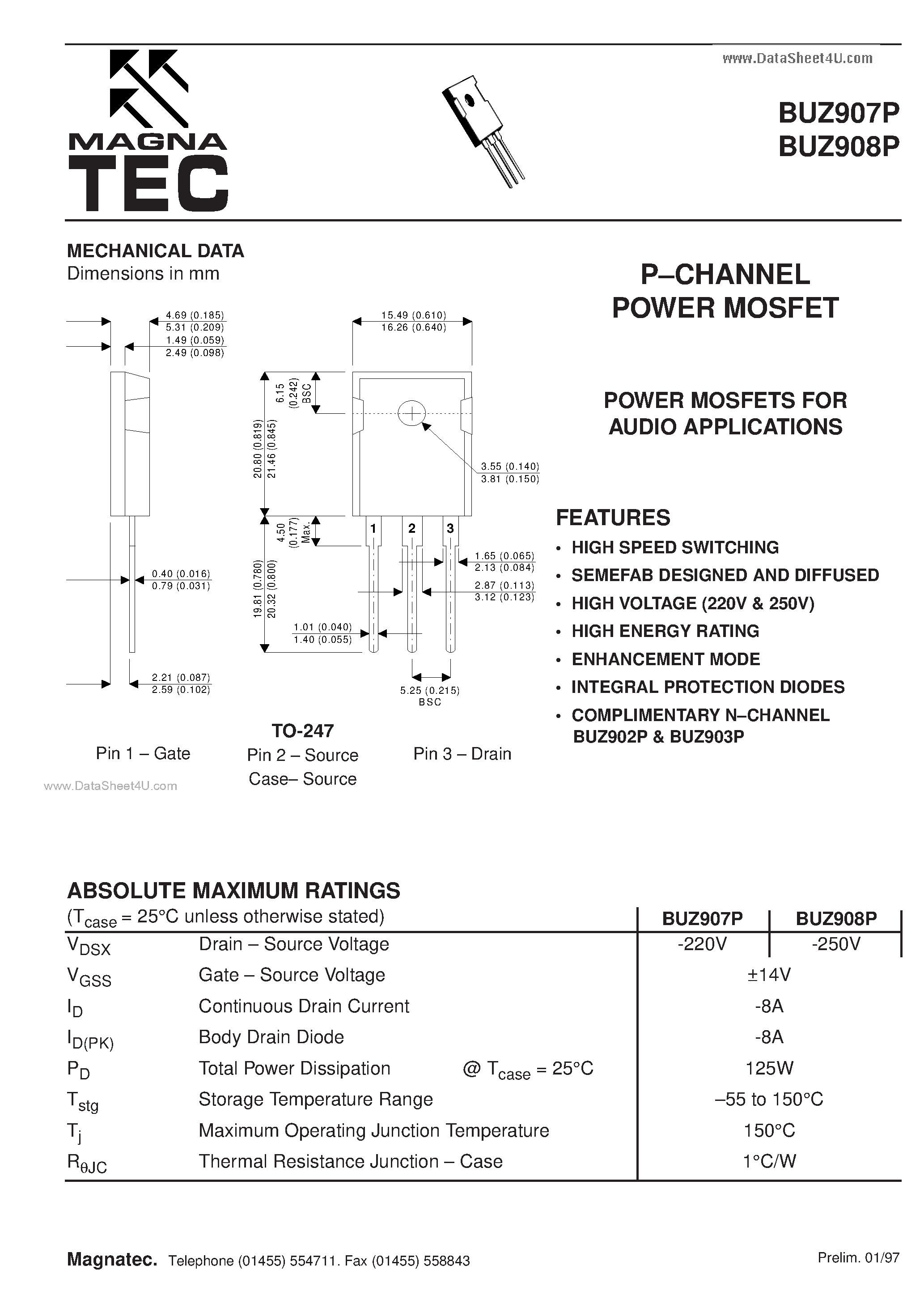 Datasheet BUZ907P page 1 Datasheet BUZ907P - (BUZ907P / BUZ908P) N CHANNEL POWER MOSFET page 1