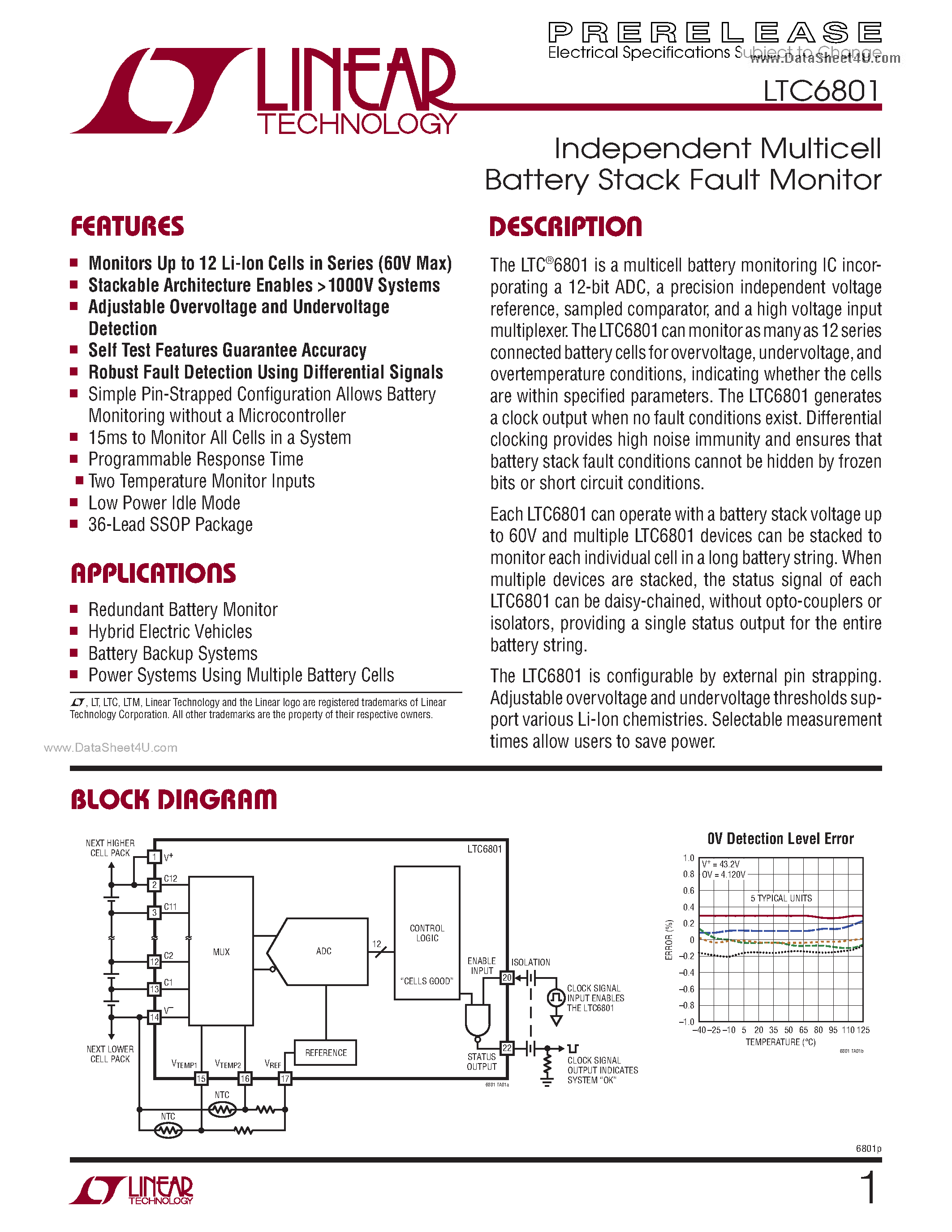 Datasheet LTC6801 - Independent Multicell Battery Stack Fault Monitor page 1
