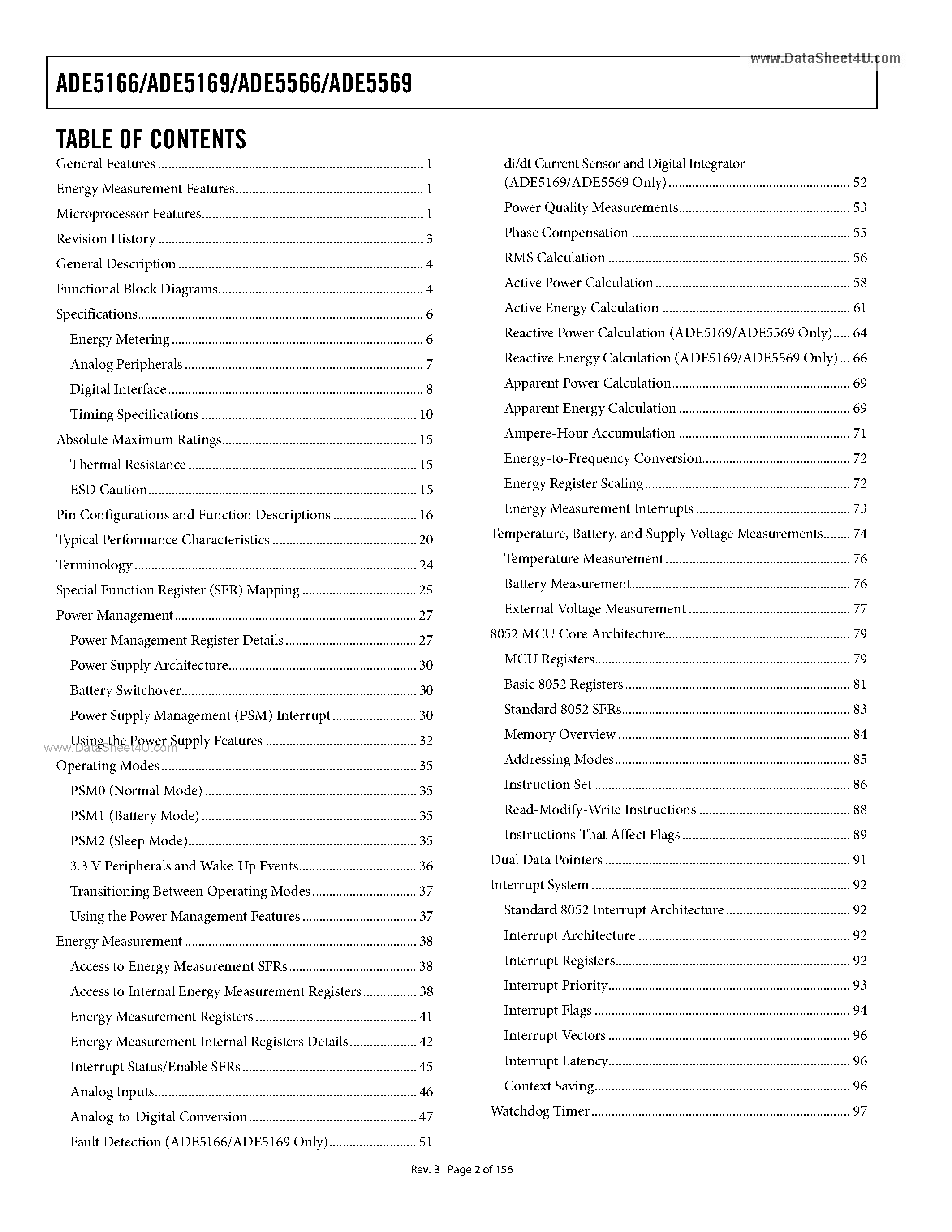 Даташит на микросхему ADE5166 страница 2 Даташит ADE5166 - (ADE5166 - ADE5569) Single-Phase Energy Measurement IC страница 2