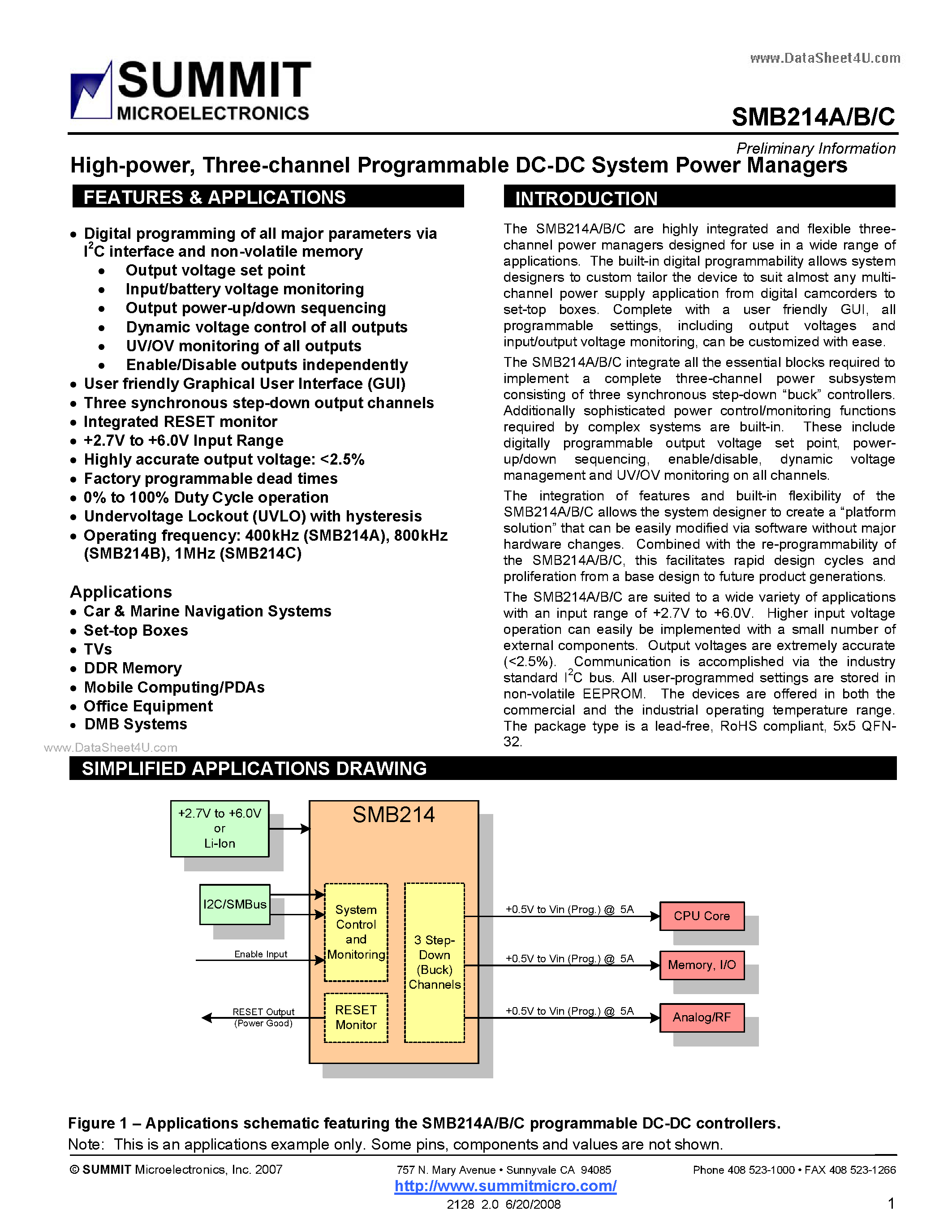 Даташит на микросхему SMB214A страница 1 Даташит SMB214A - Three-channel Programmable DC-DC System Power Managers страница 1