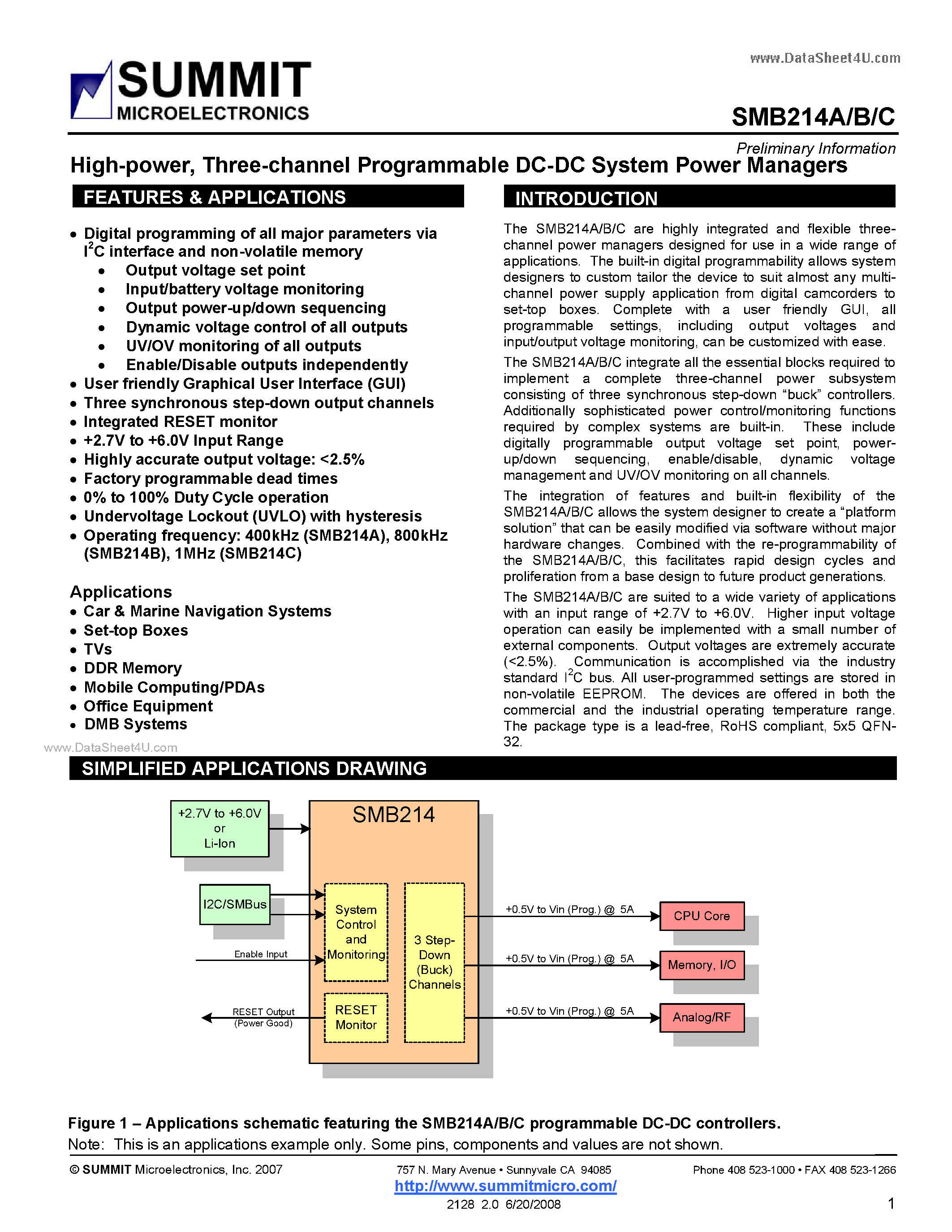 Datasheet SMB214A - Three-channel Programmable DC-DC System Power Managers page 1
